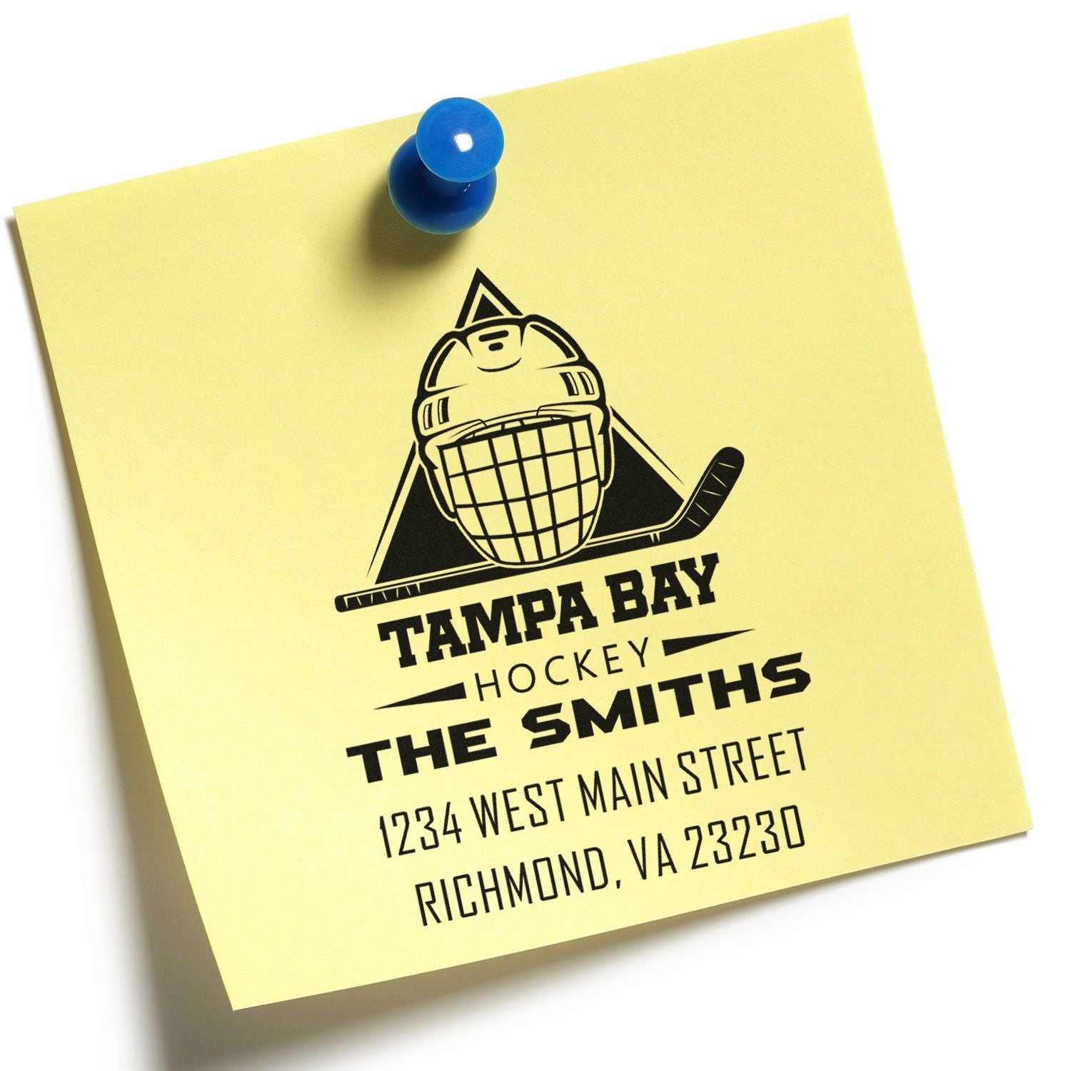Custom hockey address rubber stamp for Tampa Bay The Smiths, with helmet logo and return address sample on a sticky note.