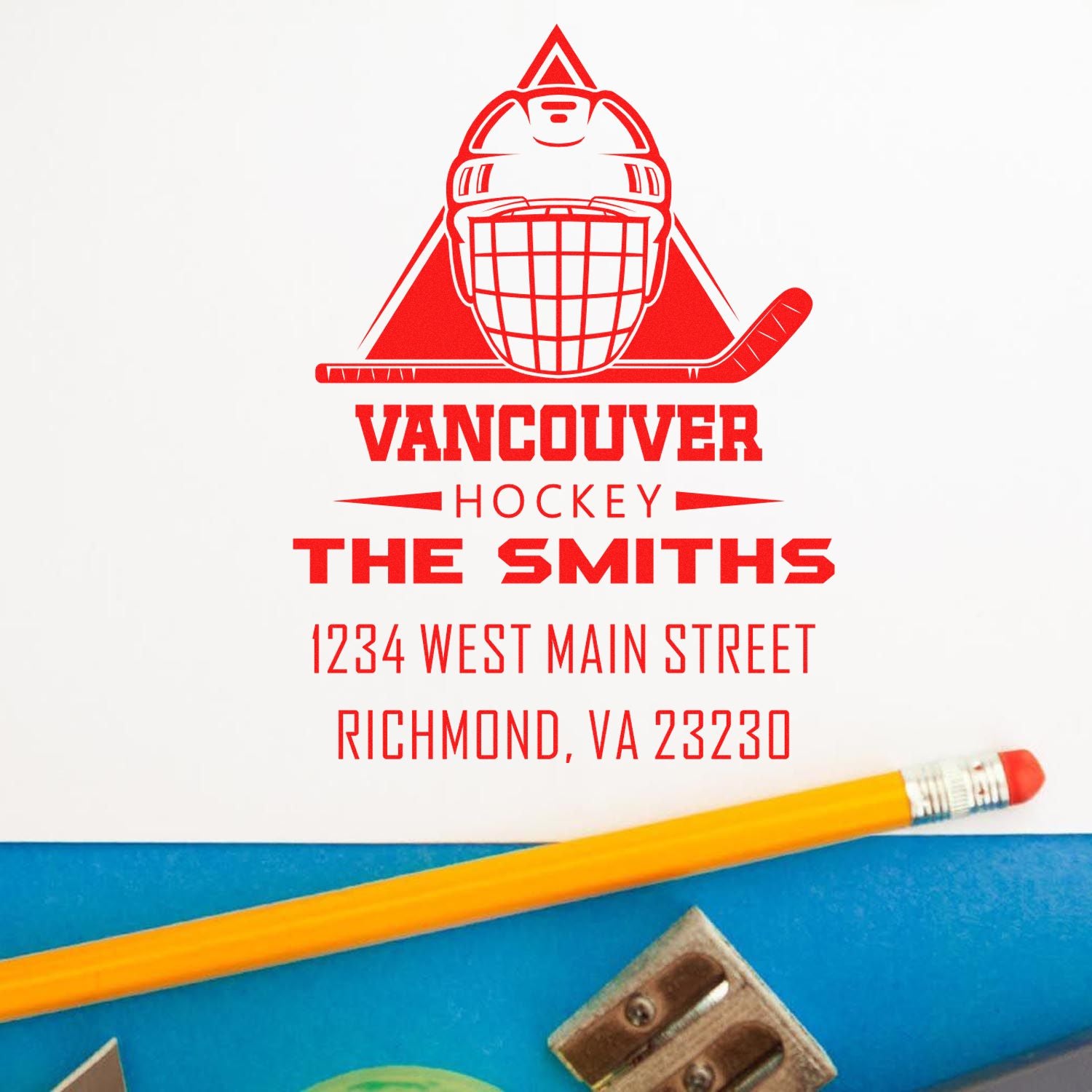 Custom hockey return address rubber stamp for The Smiths, Vancouver Hockey, Richmond, VA 23230.