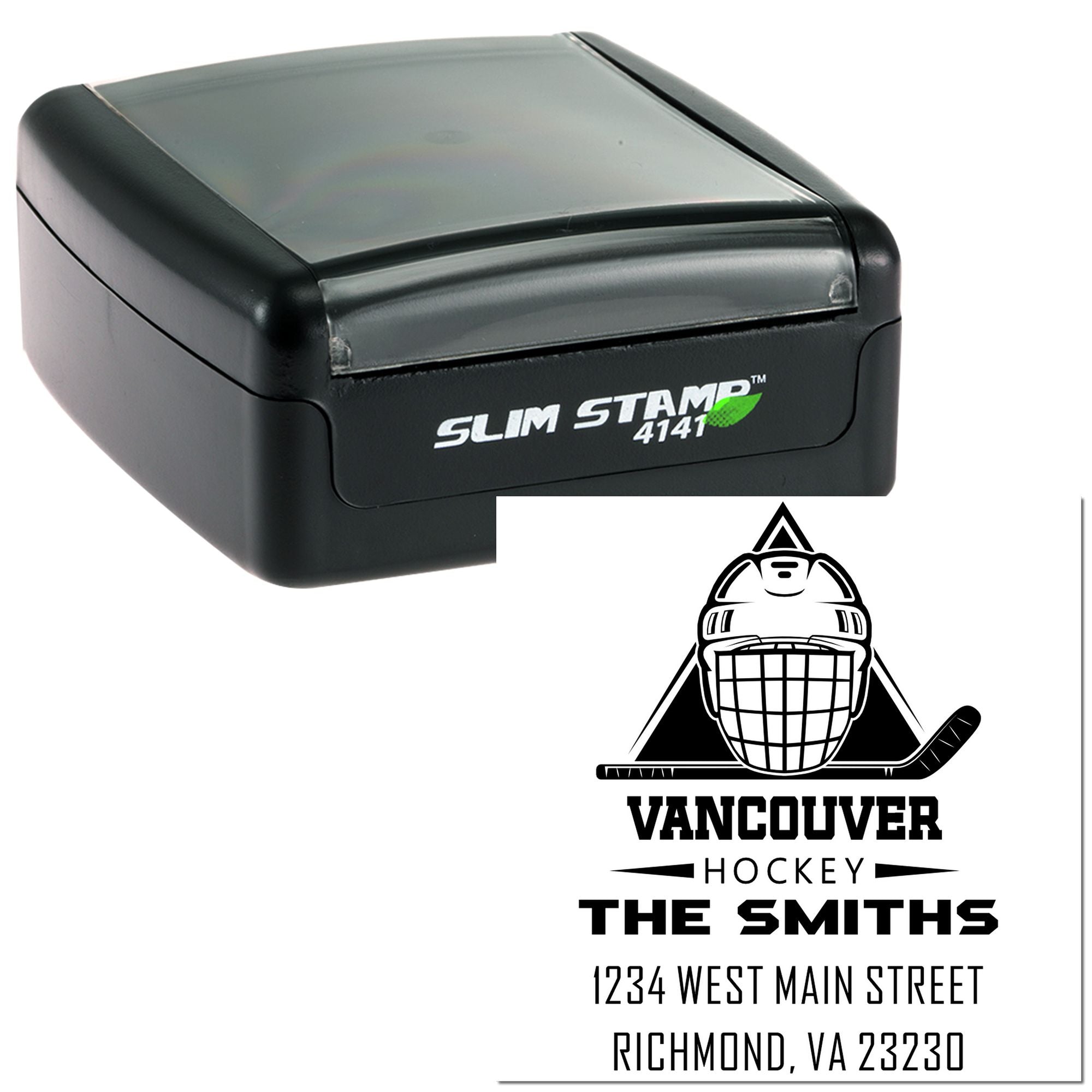 Custom self-inking hockey rubber stamp with Vancouver Hockey logo and The Smiths address, shown on Slim Stamp 4141.
