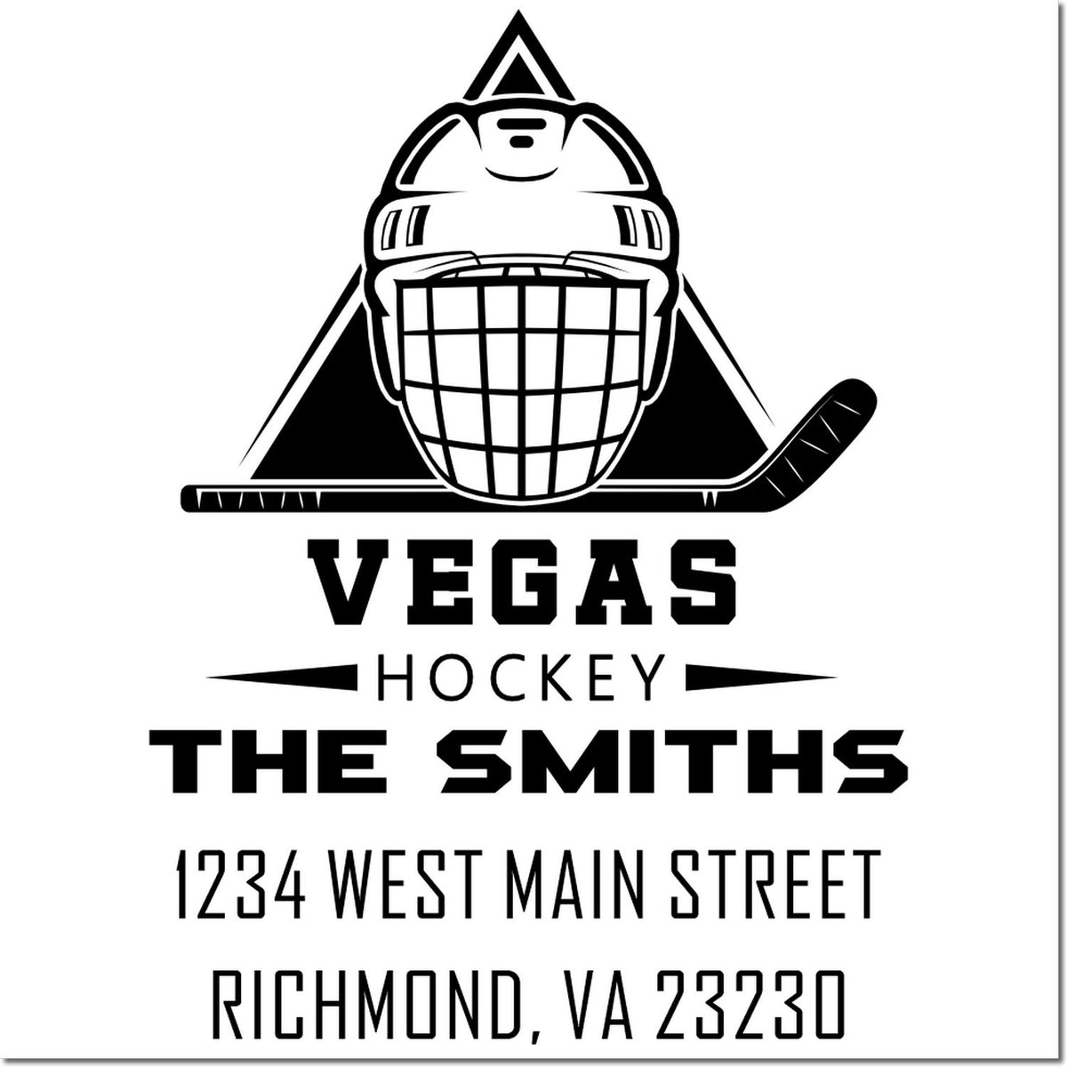 Custom hockey rubber stamp for Vegas Hockey The Smiths with goalie logo and Richmond, VA address.