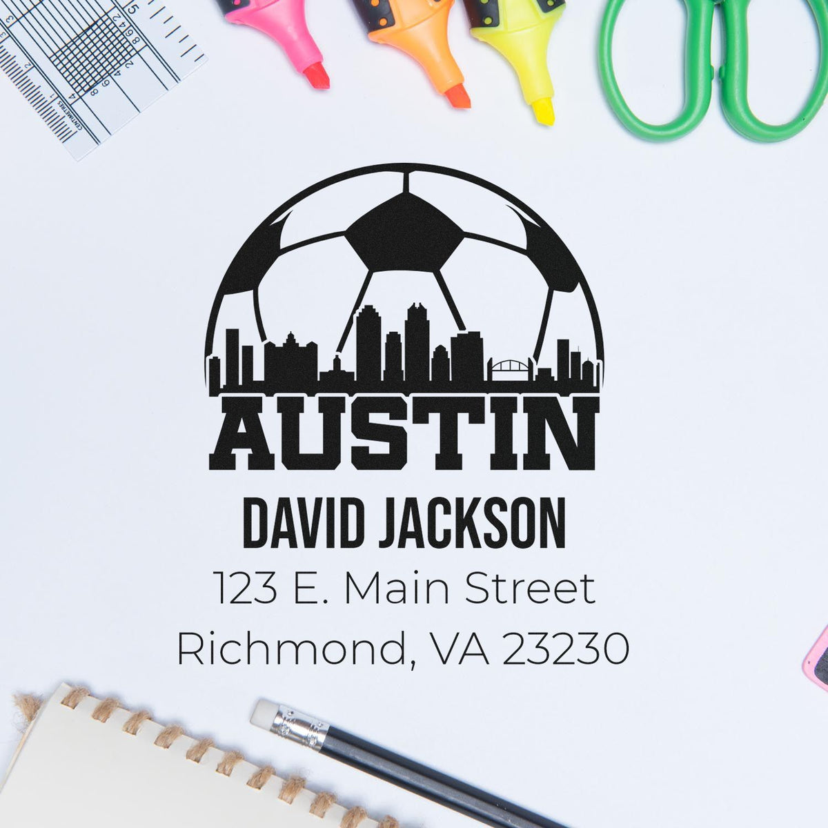 Custom Austin rubber stamp with soccer skyline logo, David Jackson name, and return address for personalized business use.