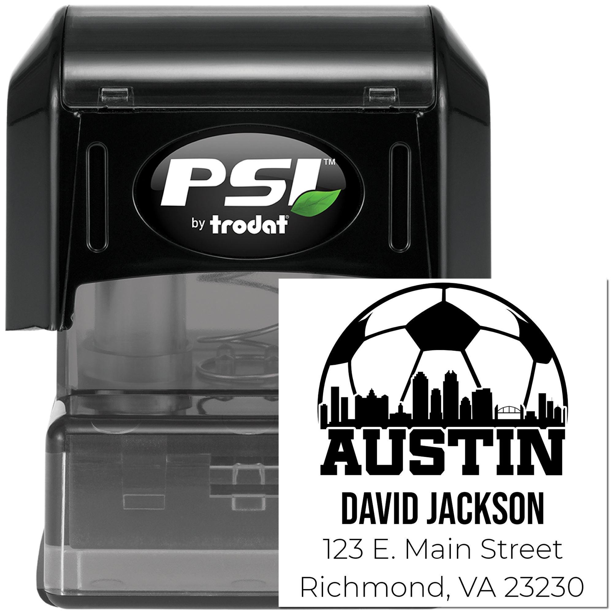 Custom self-inking rubber stamp with Austin skyline, personalized David Jackson name and address, PSI by Trodat