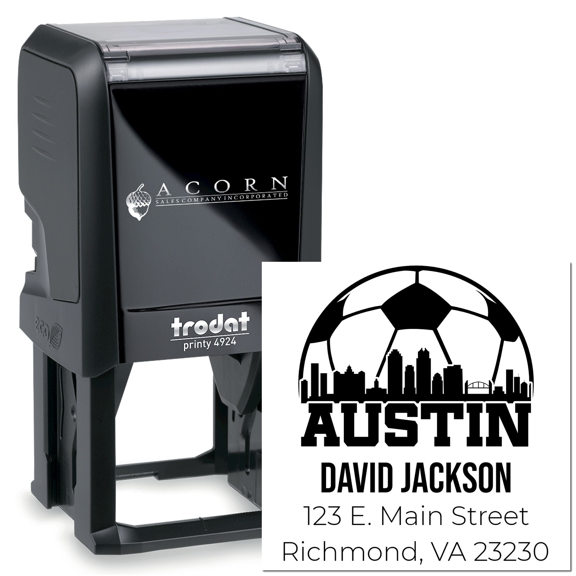 Custom self-inking rubber address stamp with Austin soccer skyline, David Jackson name, and Trodat Printy 4924 branding