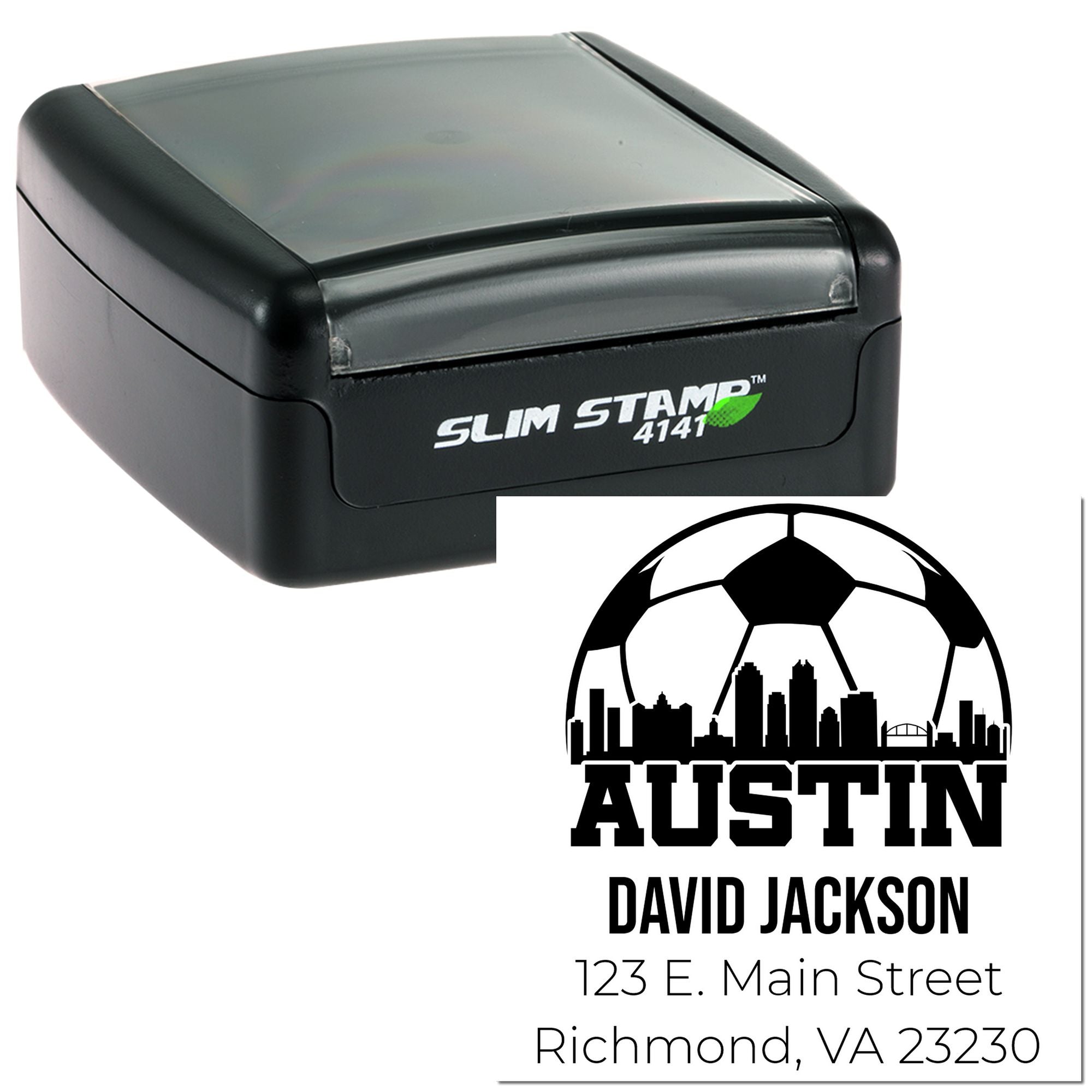 Custom self-inking rubber return address stamp for Austin, featuring soccer skyline and David Jackson mailing details.