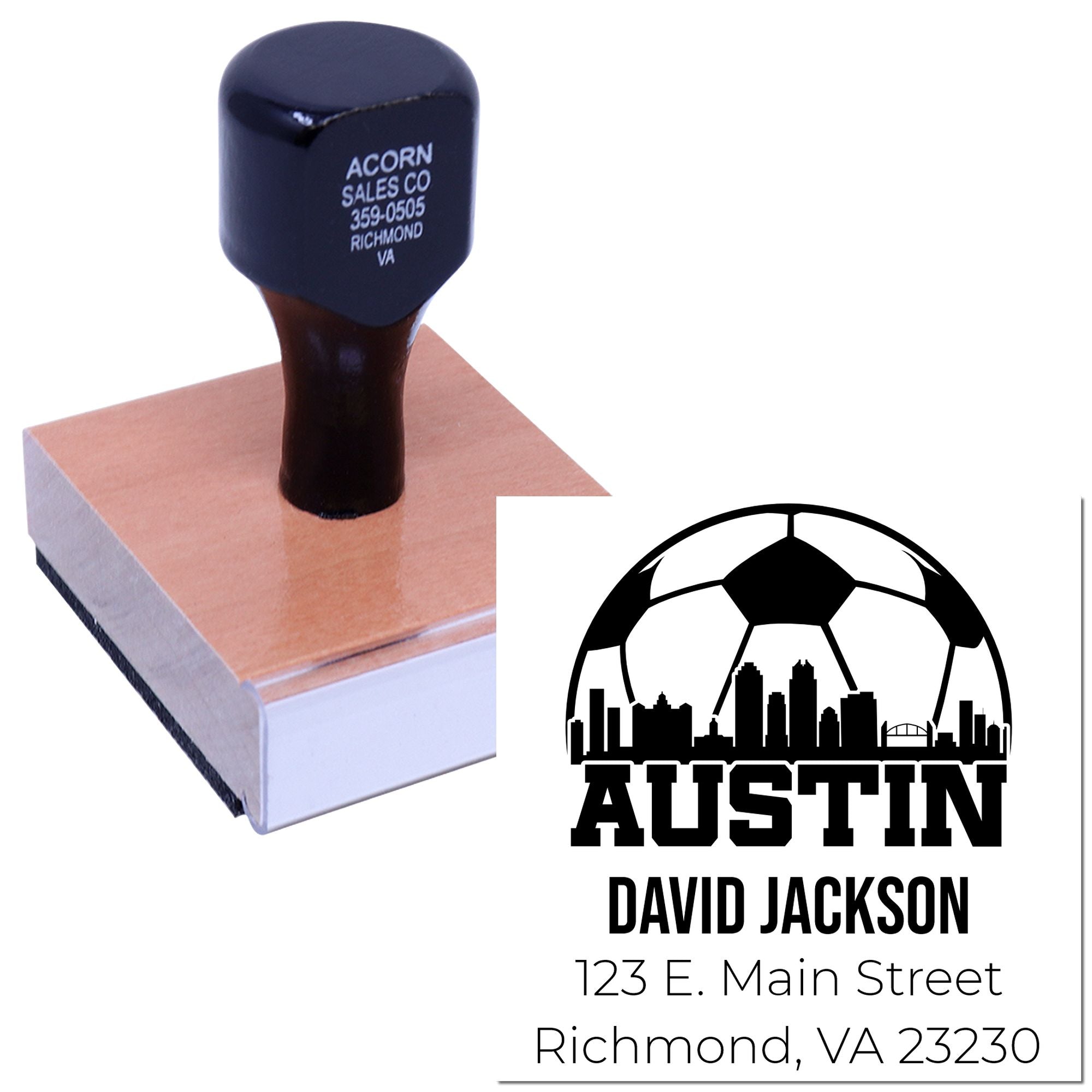 Custom self-inking rubber stamp with Austin soccer logo and David Jackson return address.