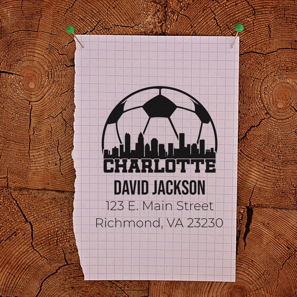 Personalized Charlotte soccer skyline rubber stamp with name and Richmond, VA return address.