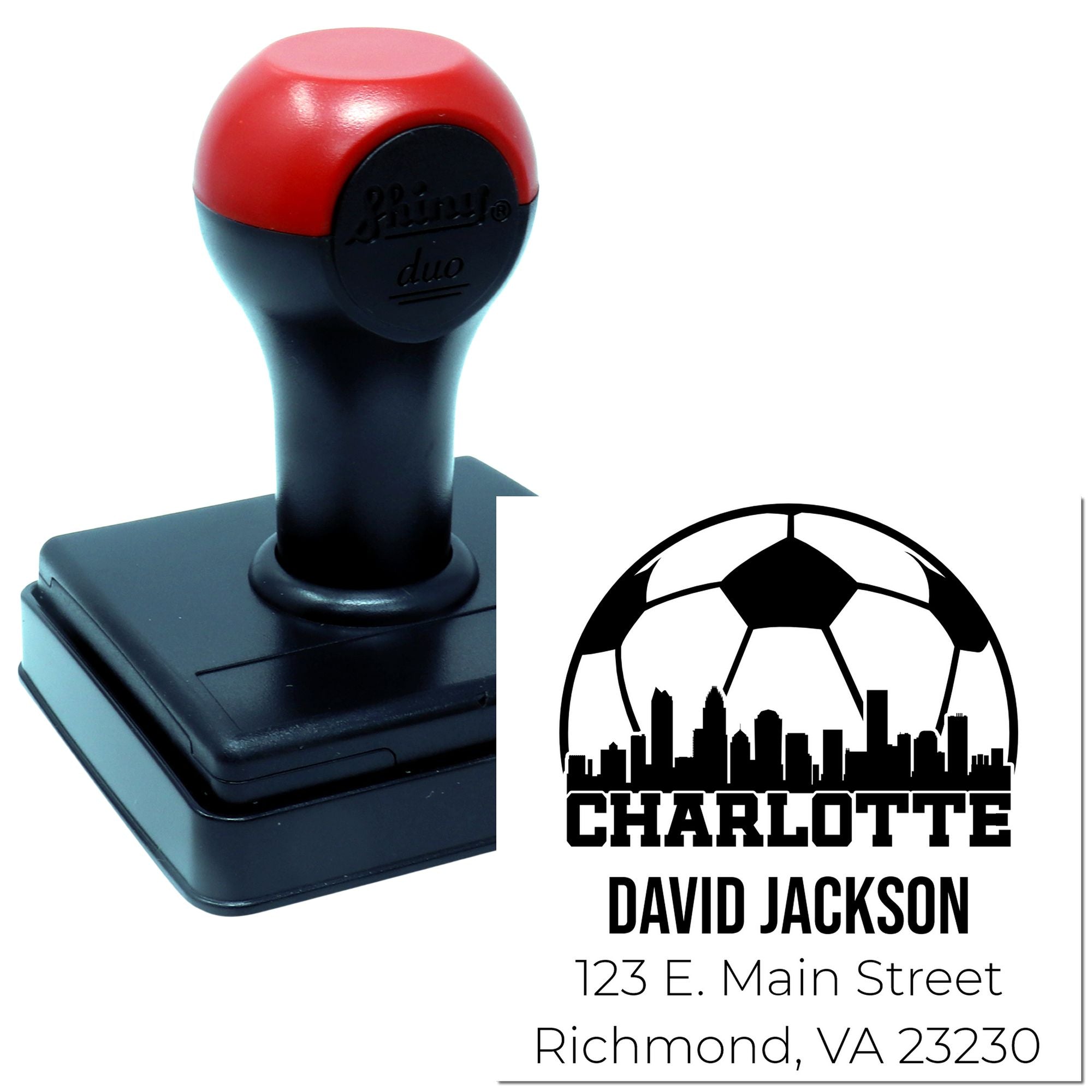 Custom self-inking rubber stamp with soccer logo and personalized return address details for Charlotte, David Jackson.