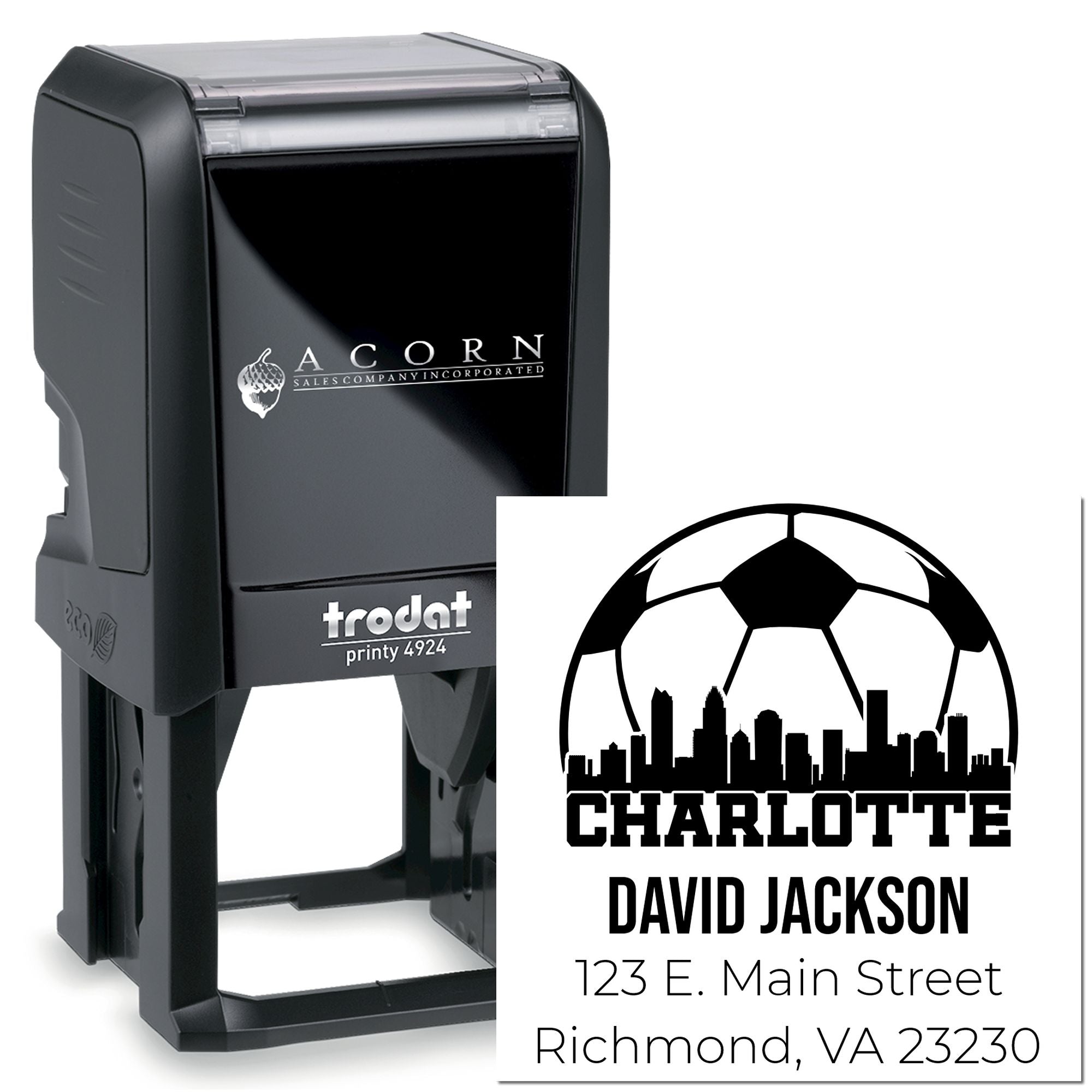 Custom self-inking rubber stamp with Charlotte football logo and return address, Trodat Printy 4924 for mail and branding.