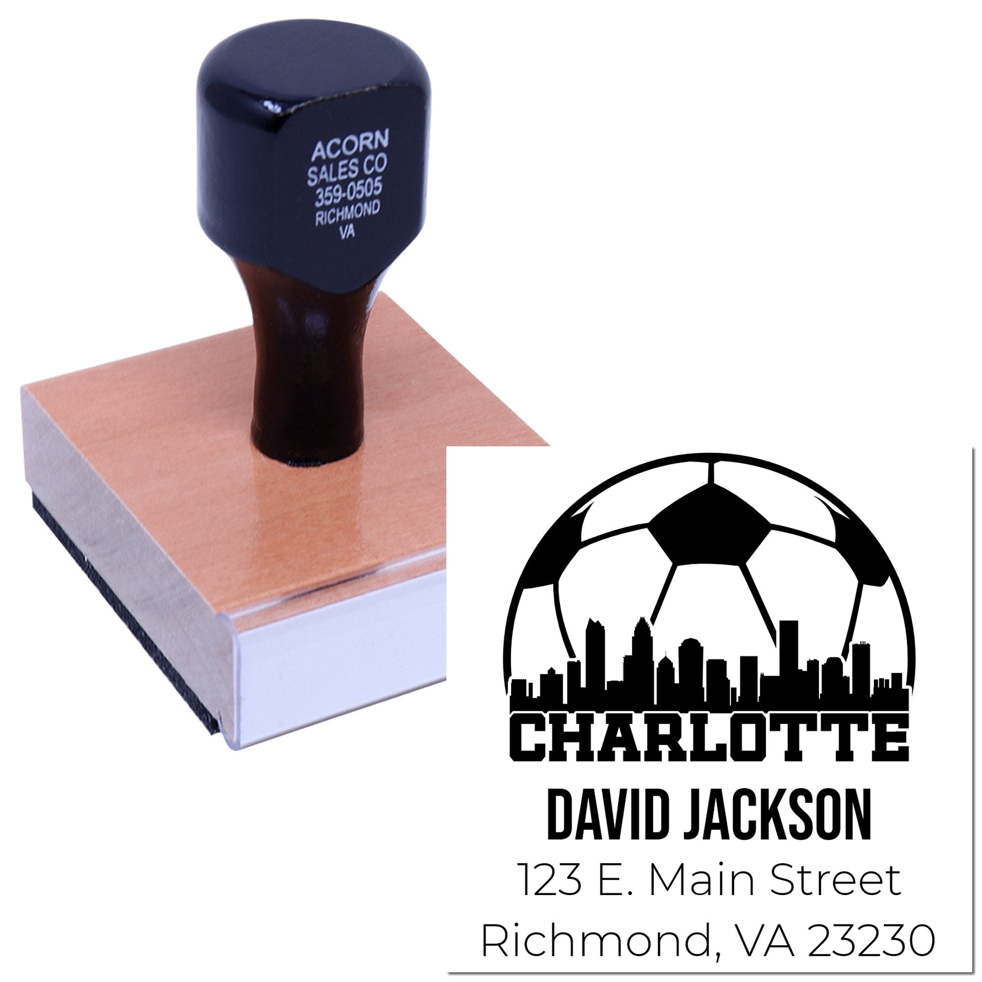 Custom self-inking rubber stamp with Charlotte soccer logo, name, and address for personalized business branding.