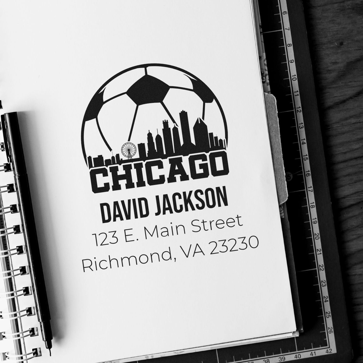 Personalized Chicago return address rubber stamp with soccer skyline for David Jackson, Richmond, VA 23230