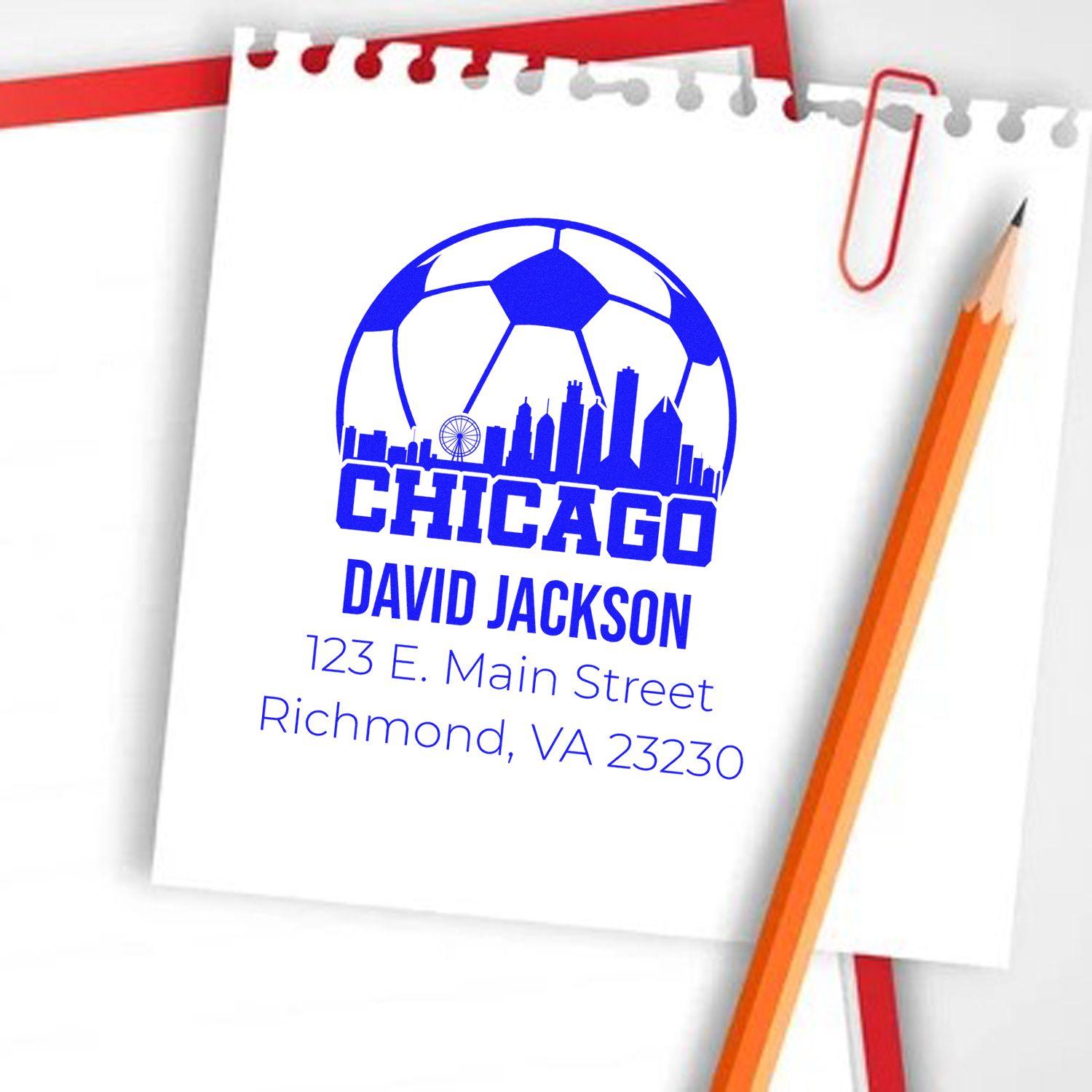 Custom rubber stamp with Chicago soccer logo, David Jackson name, and Richmond, VA address.