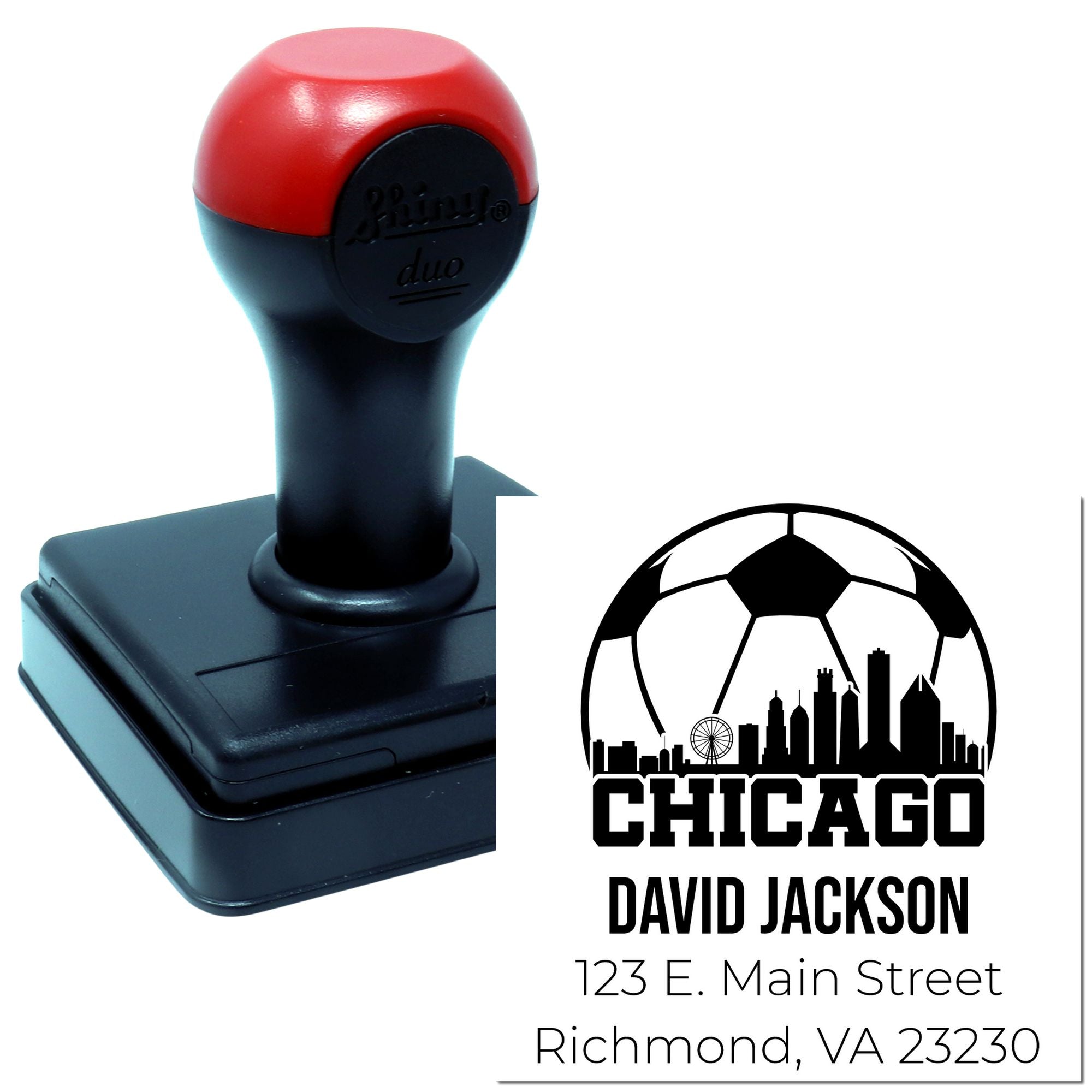 Custom self-inking rubber address stamp with Chicago skyline and soccer design for David Jackson.