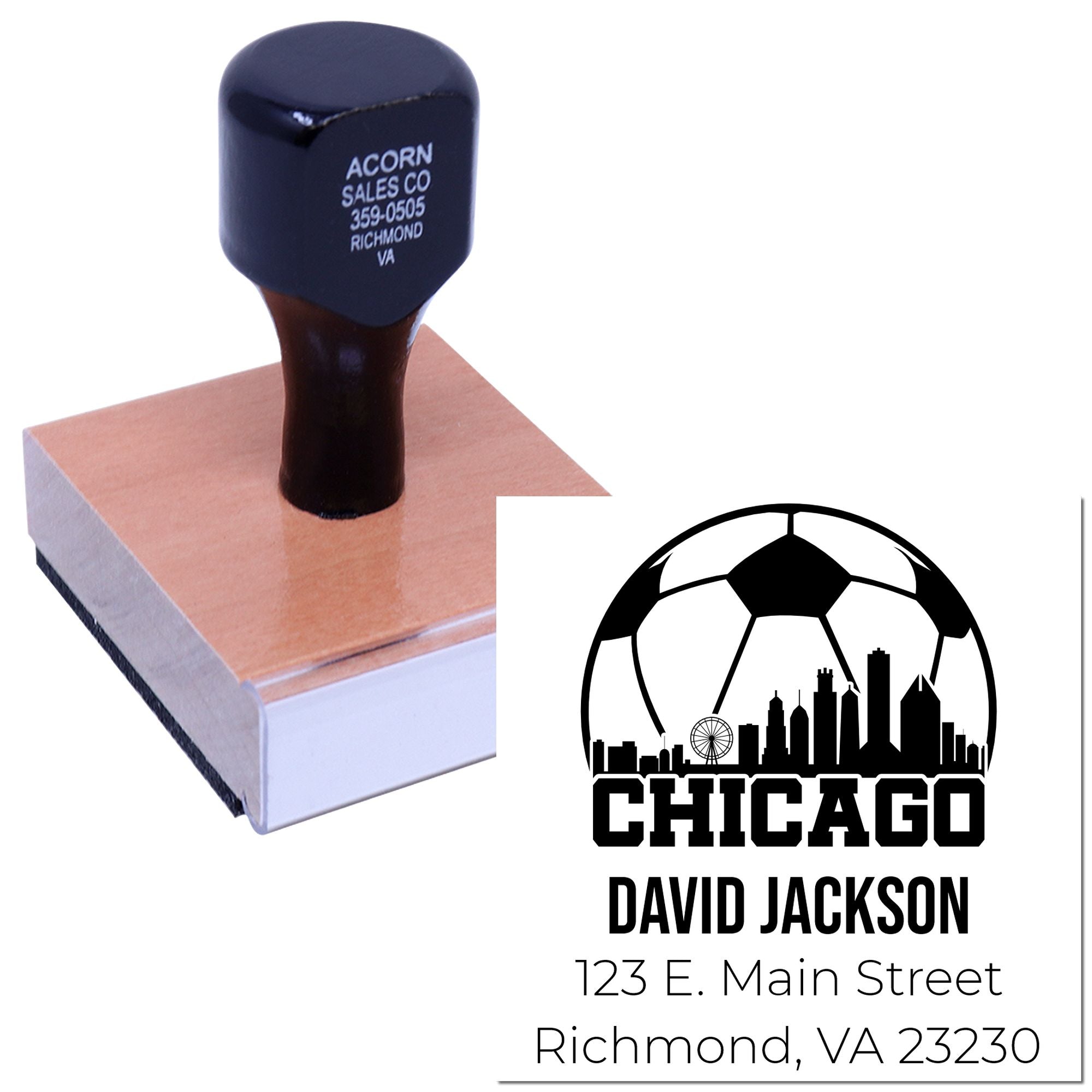 Custom address rubber stamp with Chicago soccer logo for David Jackson, Richmond VA 23230