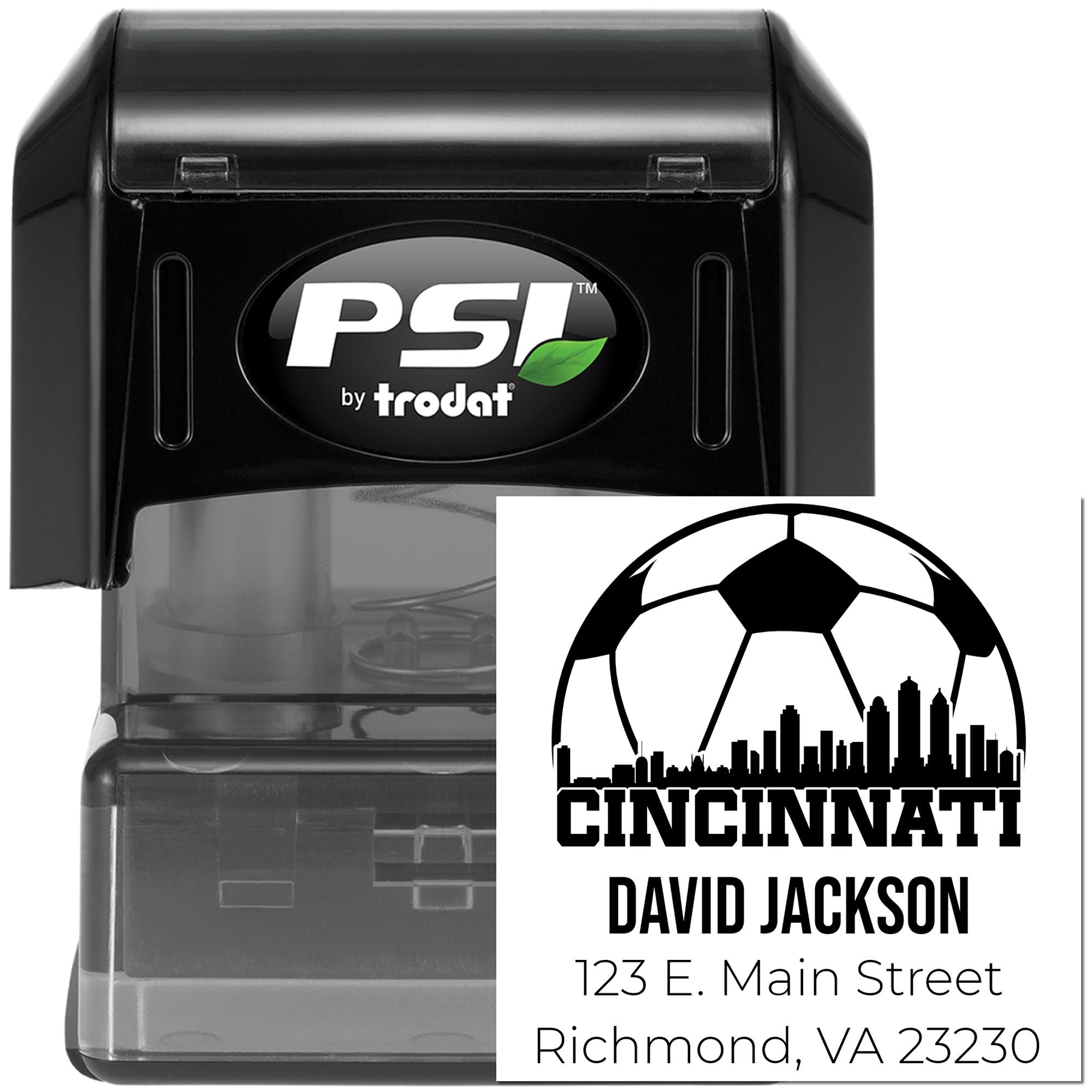 PSI by Trodat self-inking custom rubber stamp with Cincinnati address imprint for personalized business or return mail use.