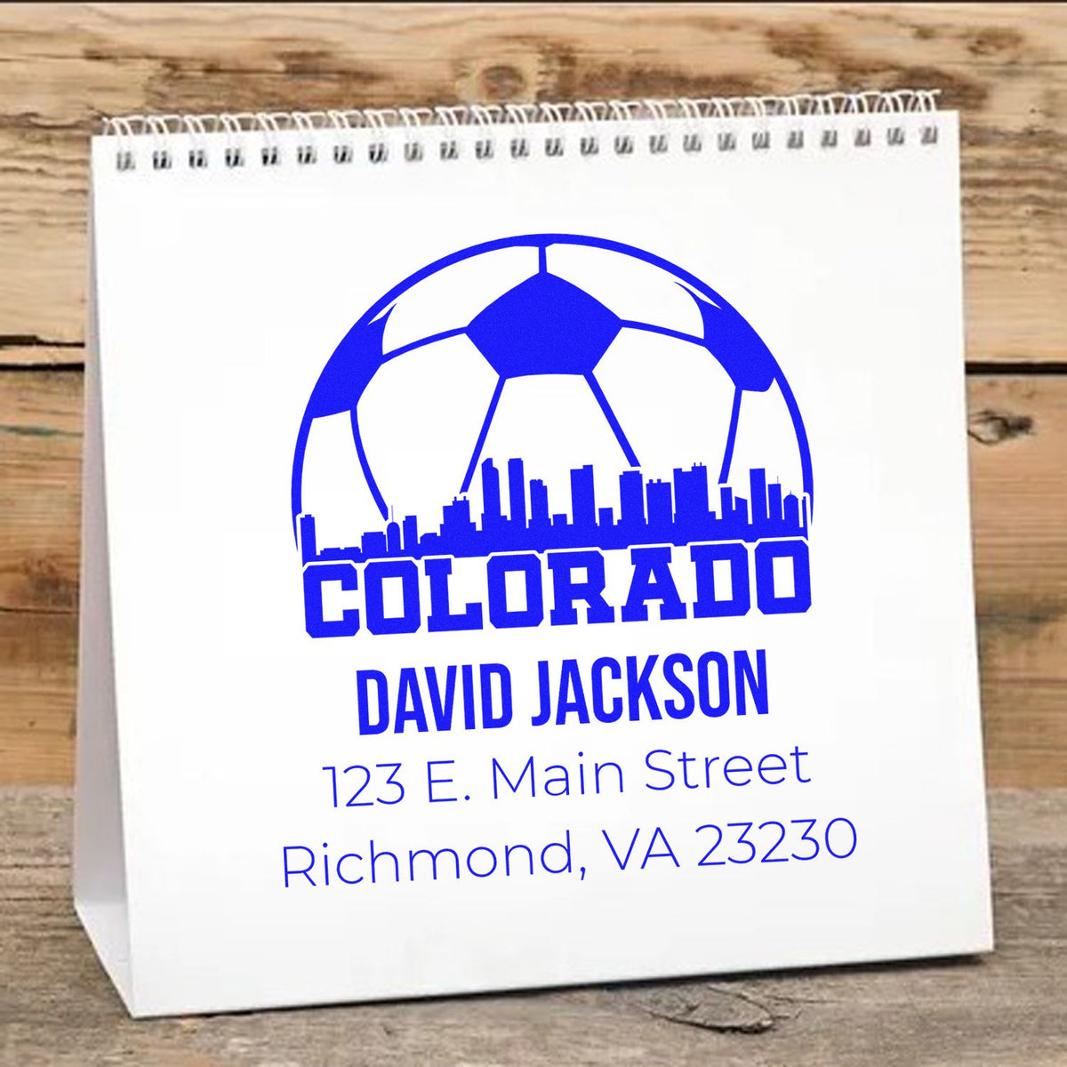 Custom Colorado soccer return address rubber stamp with skyline design, personalized name, and mailing address.