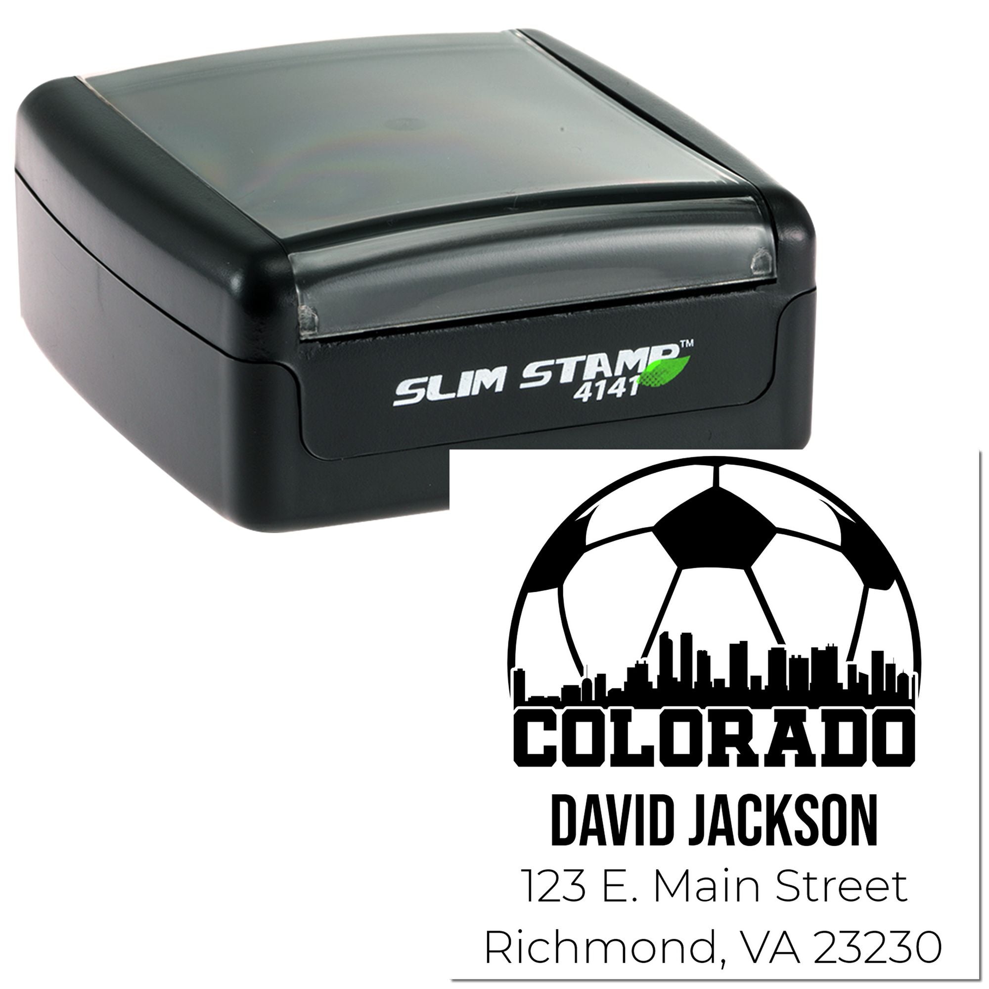 Custom Slim Stamp self-inking address rubber stamp with Colorado soccer skyline design for David Jackson.