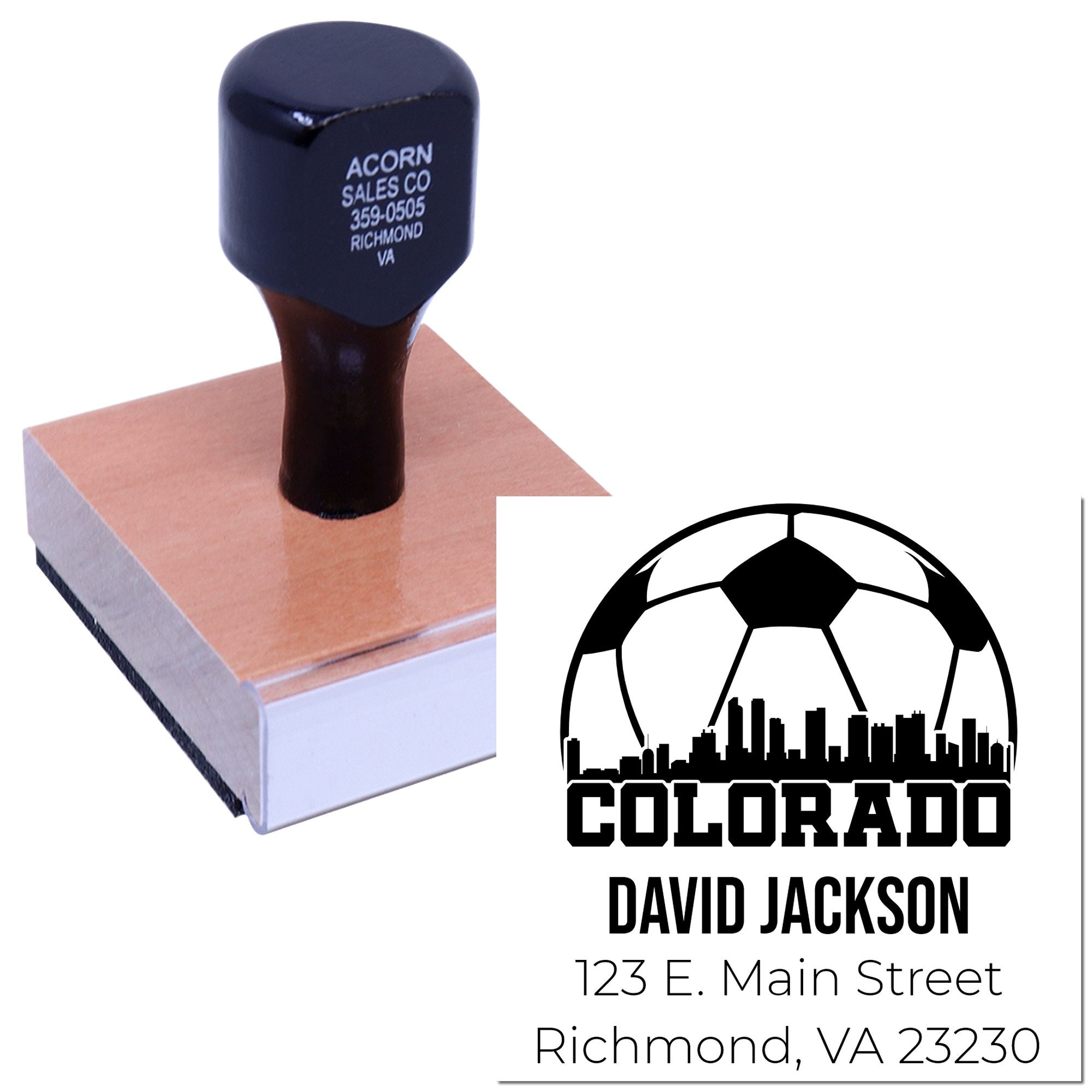 Custom rubber stamp with Colorado soccer logo, David Jackson name, and address for business or personal branding.