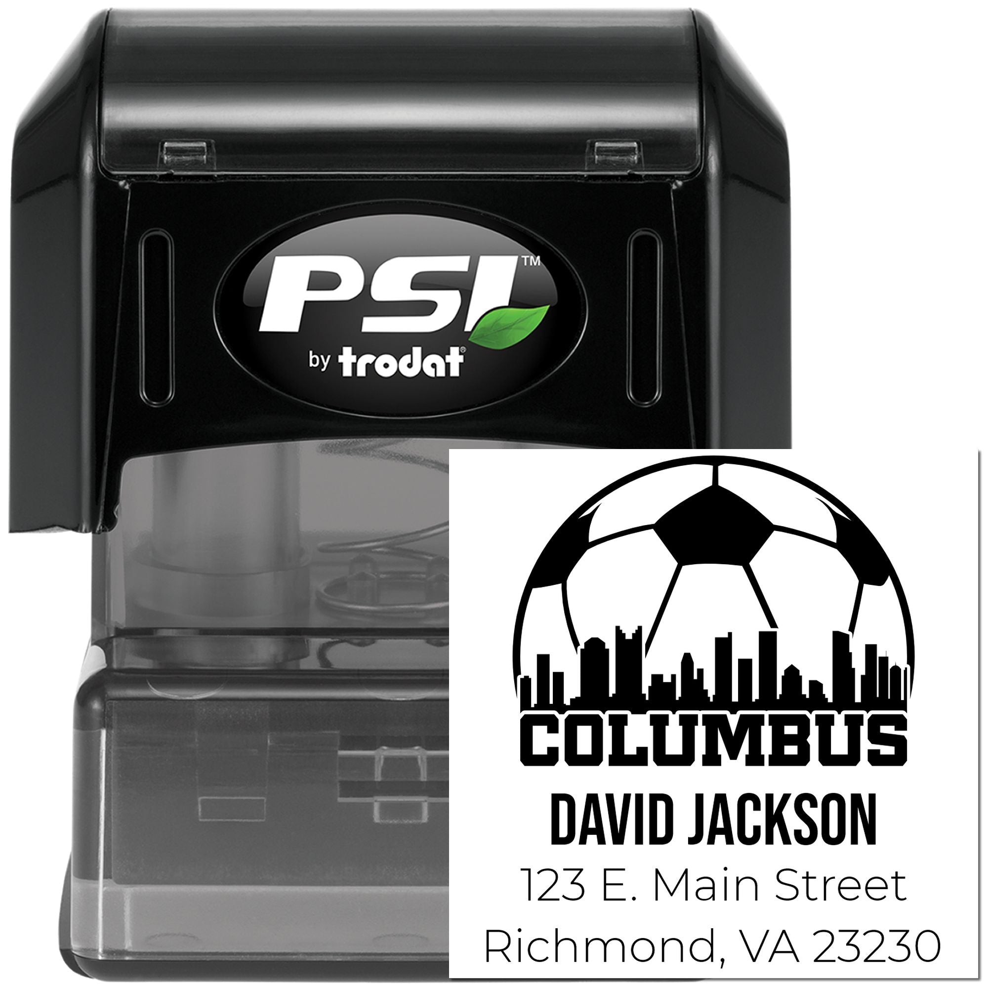 Custom self-inking rubber stamp with Columbus soccer logo, David Jackson name, and Richmond, VA address by PSI by Trodat.