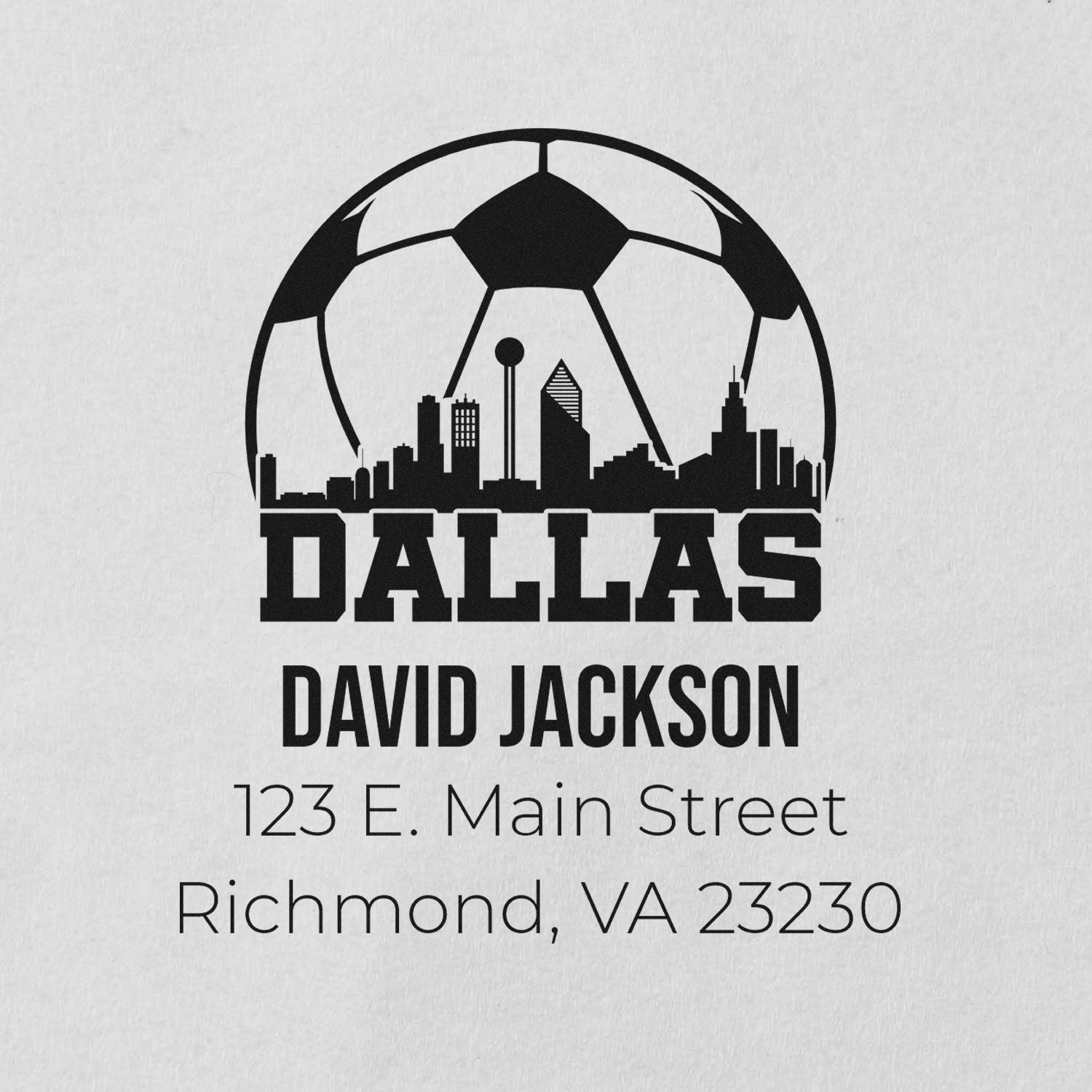 Custom Dallas rubber stamp with soccer ball skyline design, David Jackson name, and return address for personalized mailing.