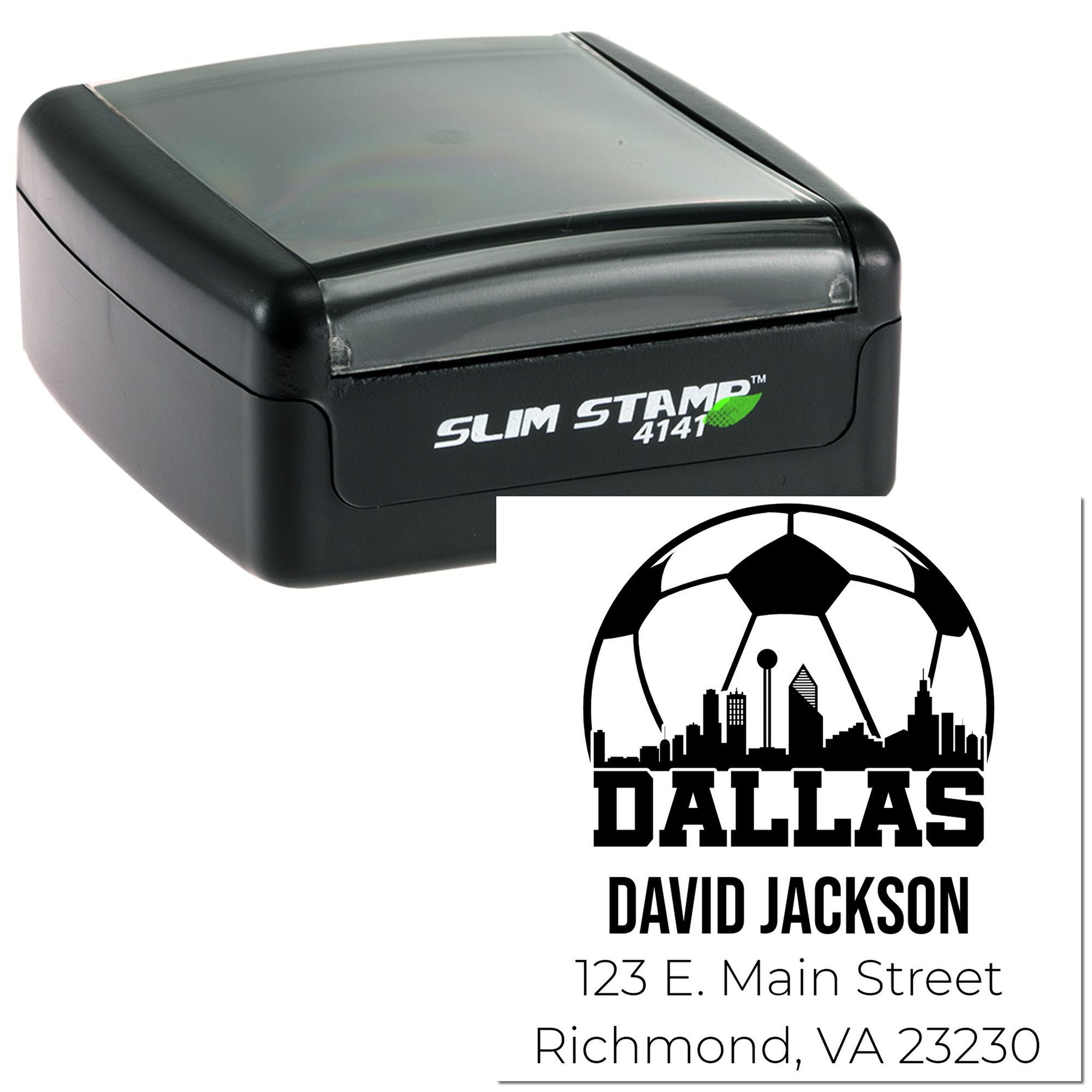 Custom self-inking rubber address stamp with Dallas soccer skyline, David Jackson name, and Richmond VA 23230 address.