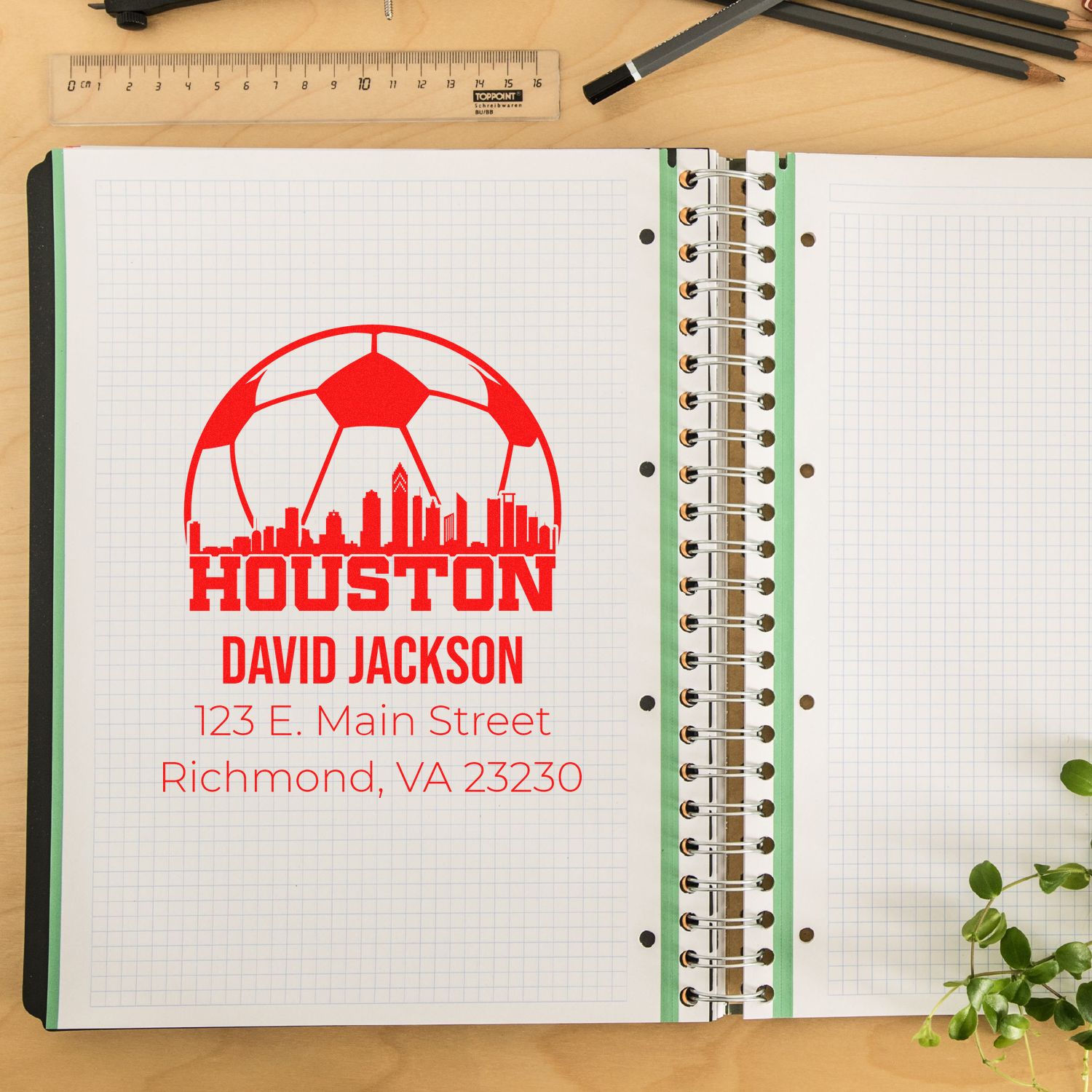 Personalized rubber stamp impression with Houston skyline and soccer ball, custom address stamp for David Jackson.