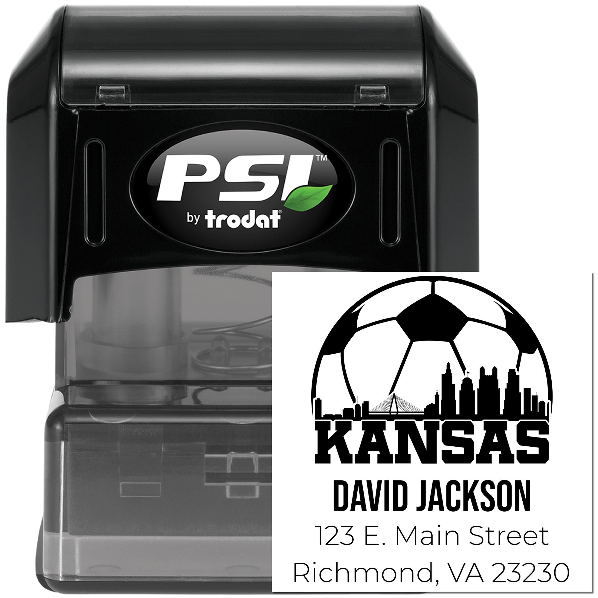 Custom self-inking rubber address stamp for Kansas David Jackson with soccer skyline design, PSI by Trodat
