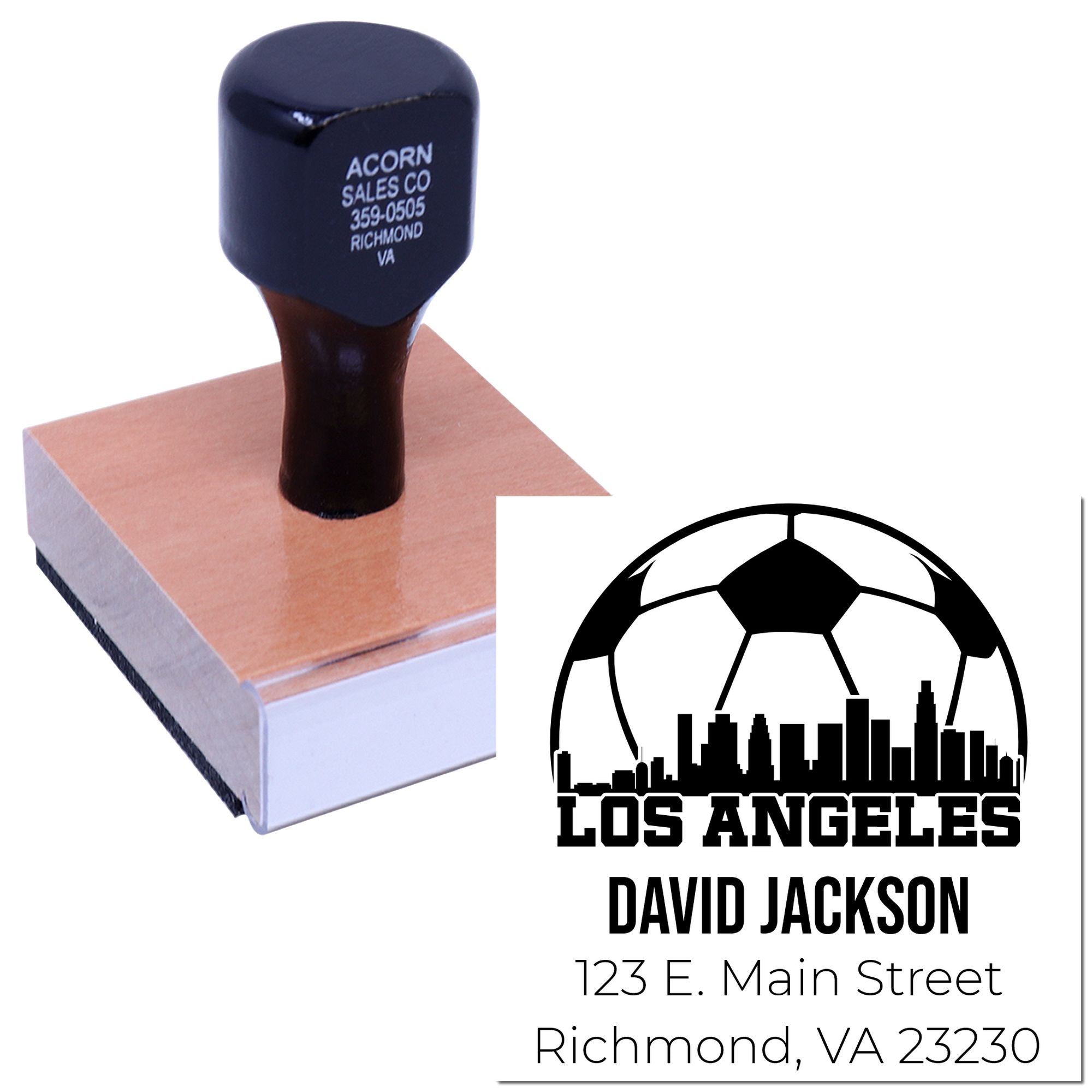 Custom address rubber stamp with Los Angeles logo, name, and mailing address for branded correspondence.