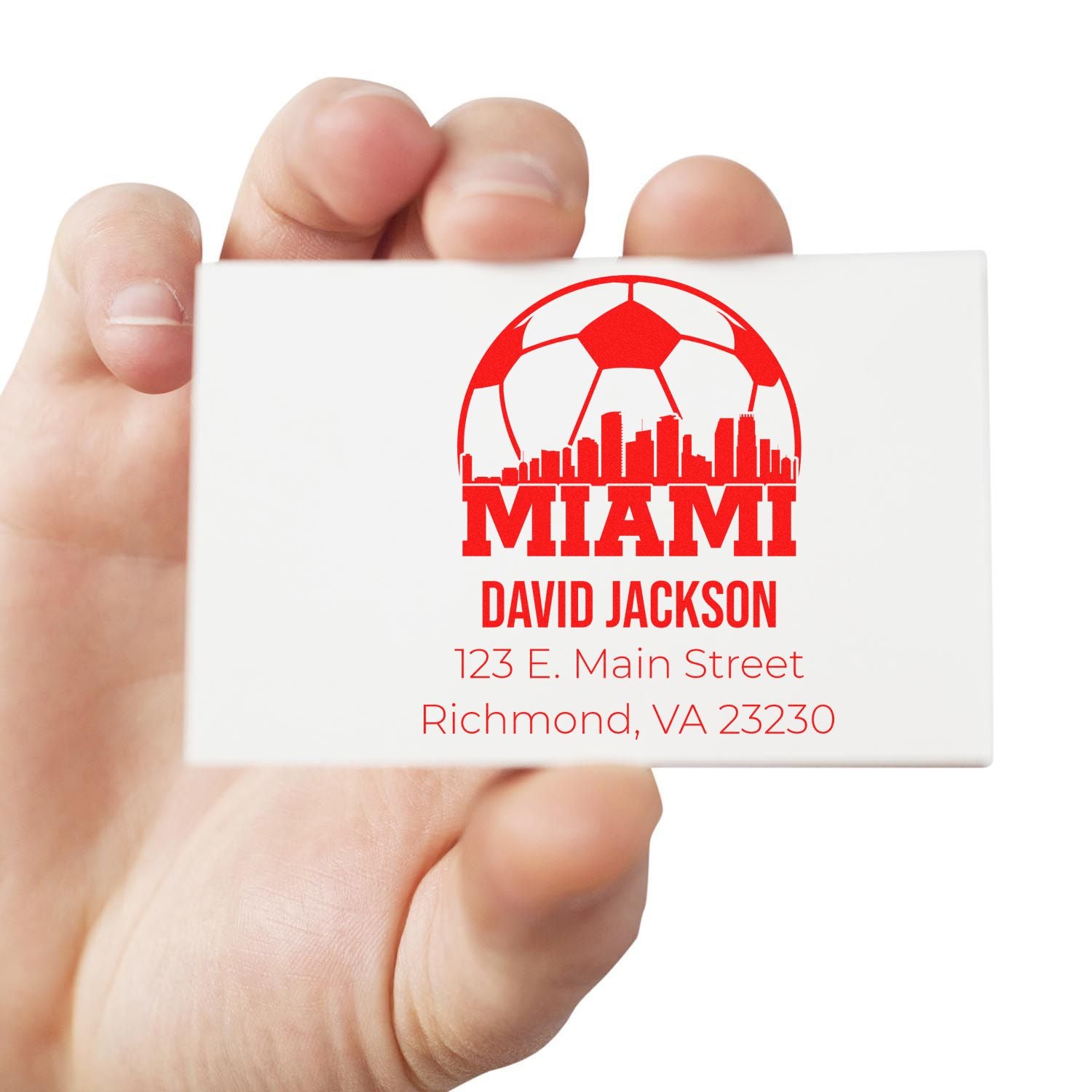Custom Miami rubber address stamp with soccer logo, David Jackson, and Richmond, VA return address.