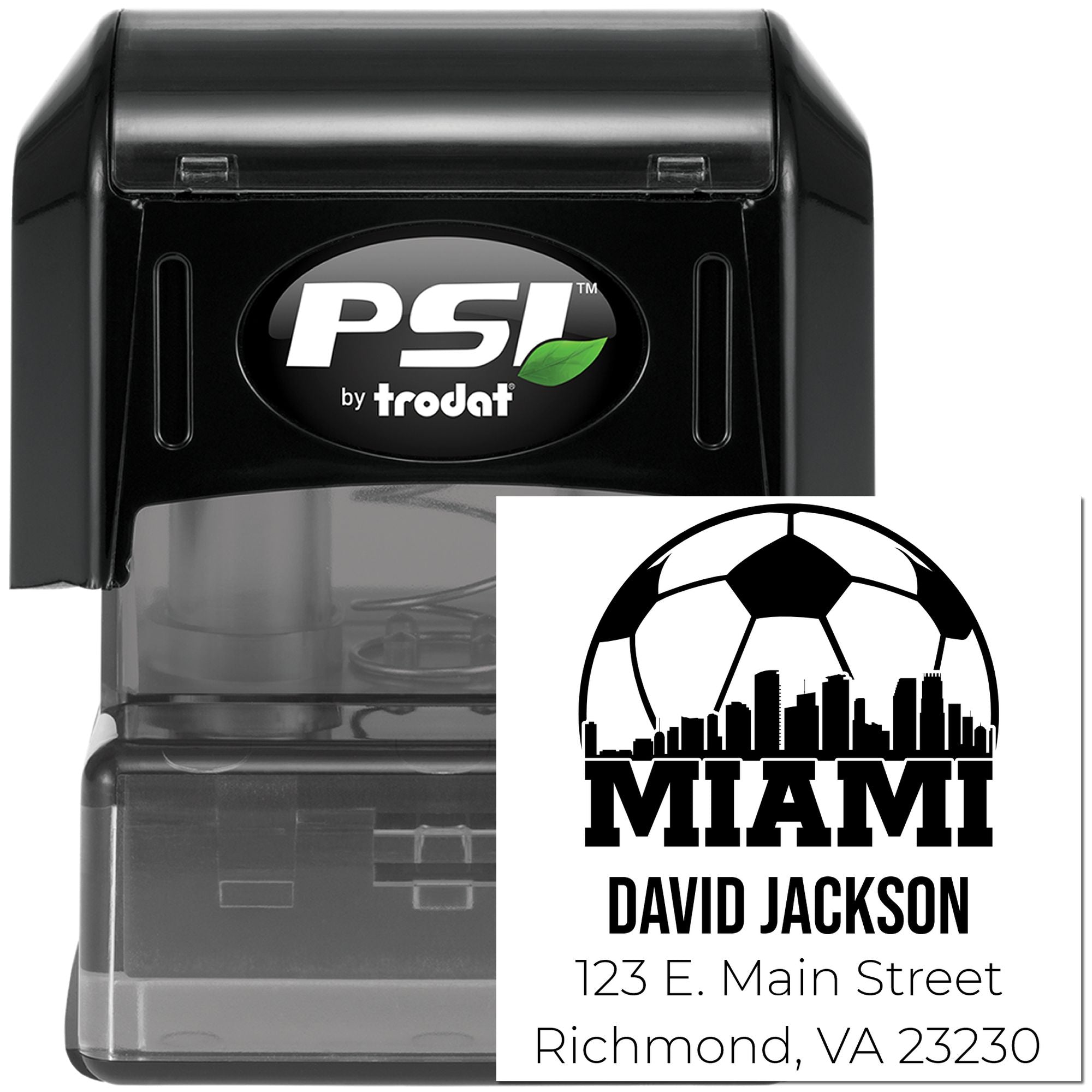 Custom Miami self-inking address stamp by PSI Trodat with soccer skyline design and personalized name and address.