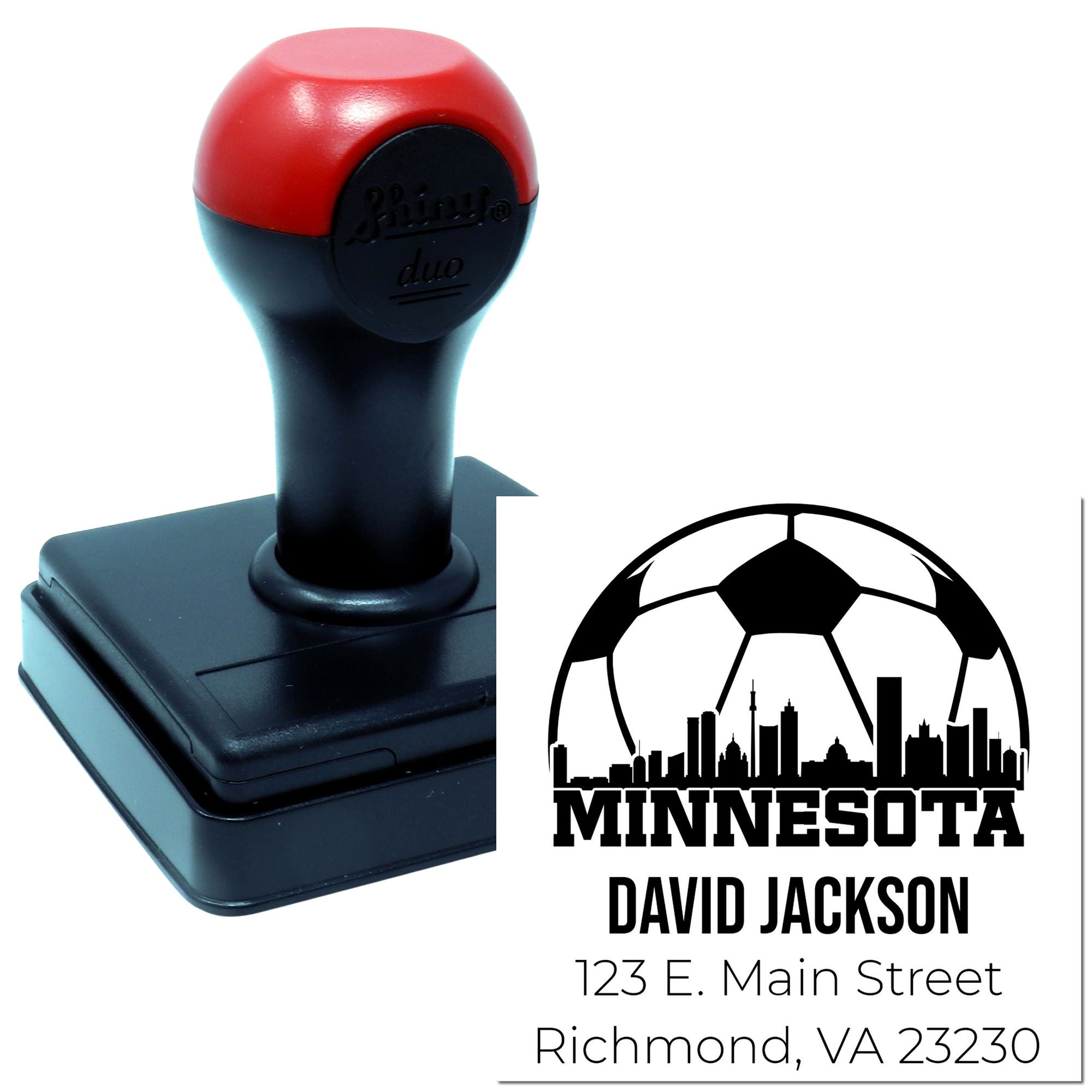 Personalized self-inking rubber stamp with Minnesota soccer skyline, David Jackson name, and address imprint.