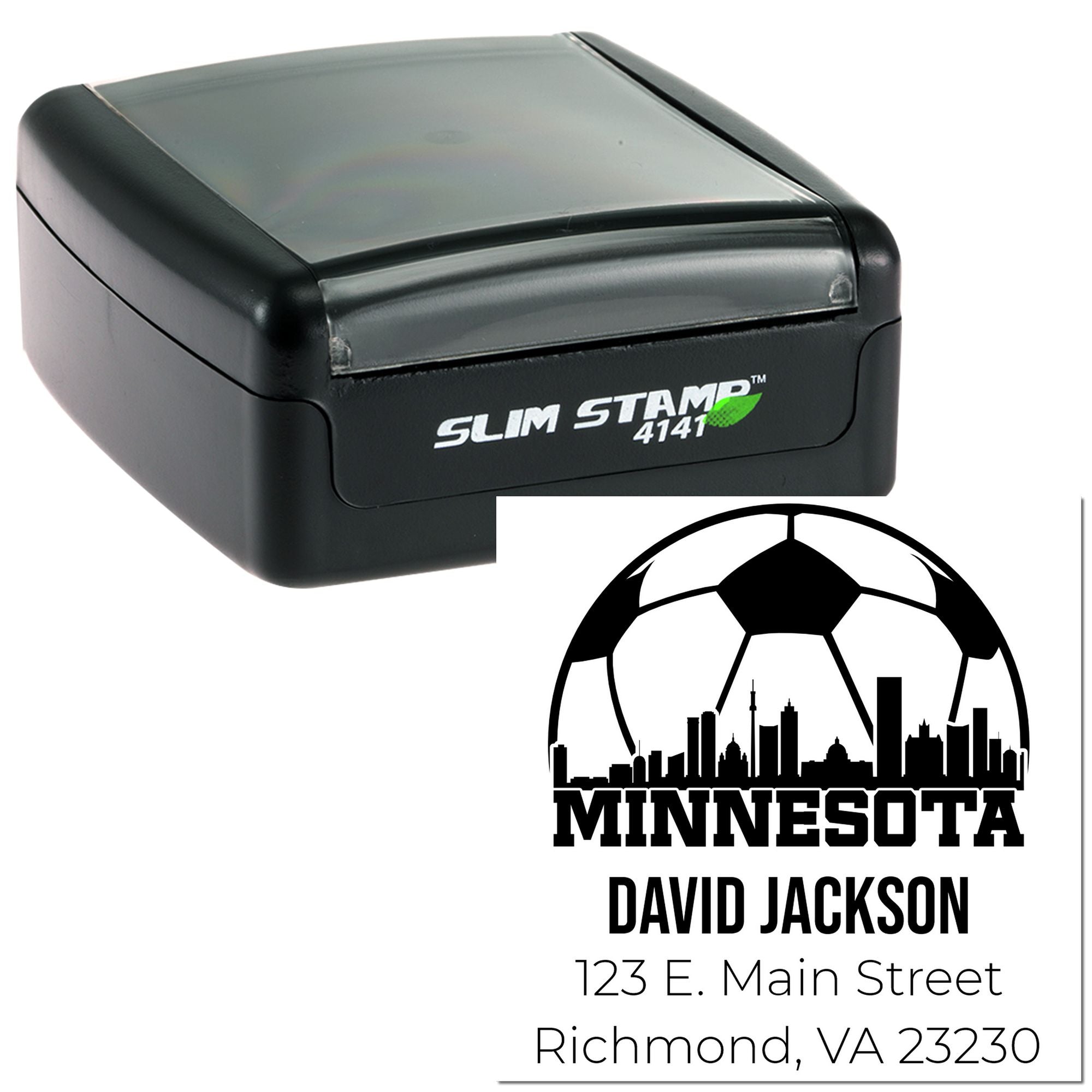Custom Slim Stamp self-inking rubber stamp with Minnesota soccer logo, David Jackson name, and address imprint.