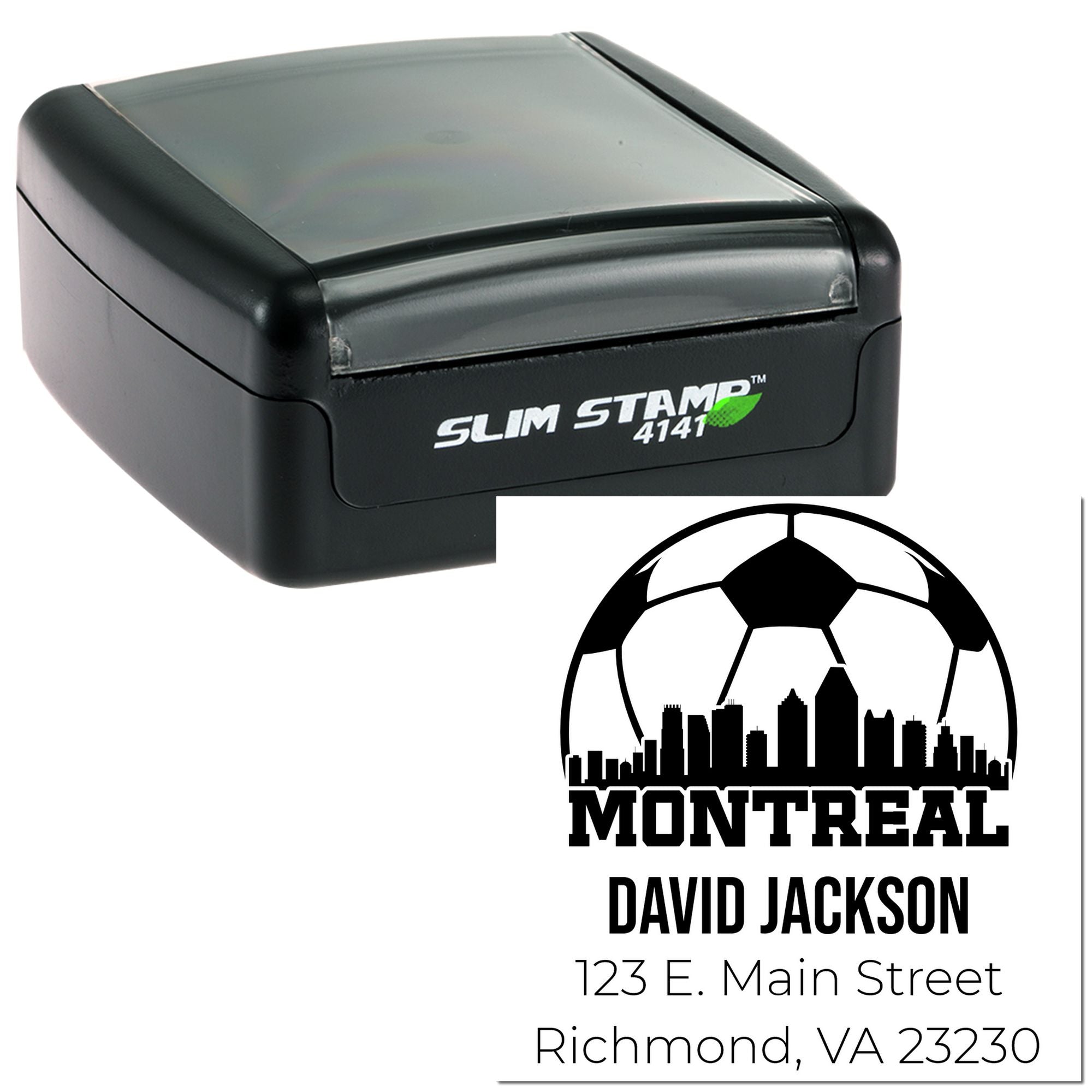 Slim Stamp 4141 custom self-inking rubber stamp with Montreal skyline return address design for David Jackson.