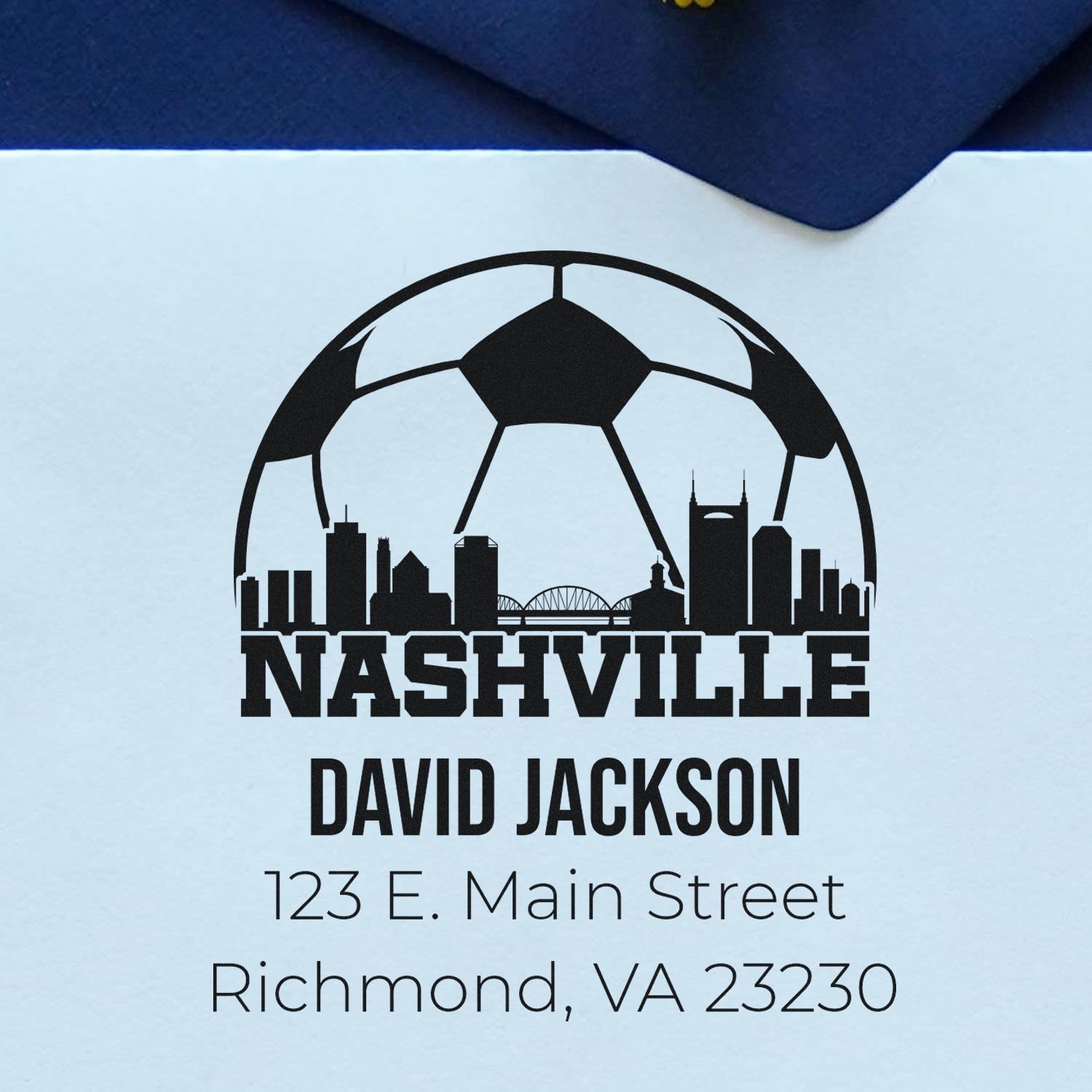 Custom Nashville skyline return address rubber stamp for David Jackson, 123 E. Main Street, Richmond, VA 23230
