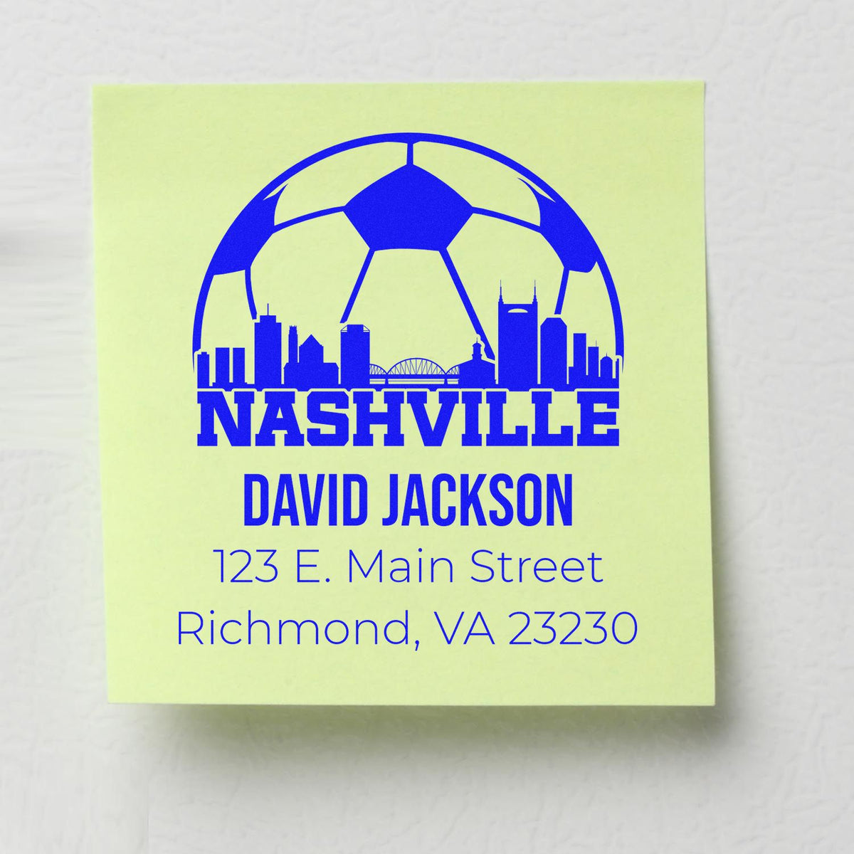 Custom Nashville rubber stamp with skyline and soccer ball for David Jackson, 123 E. Main Street, Richmond, VA 23230.