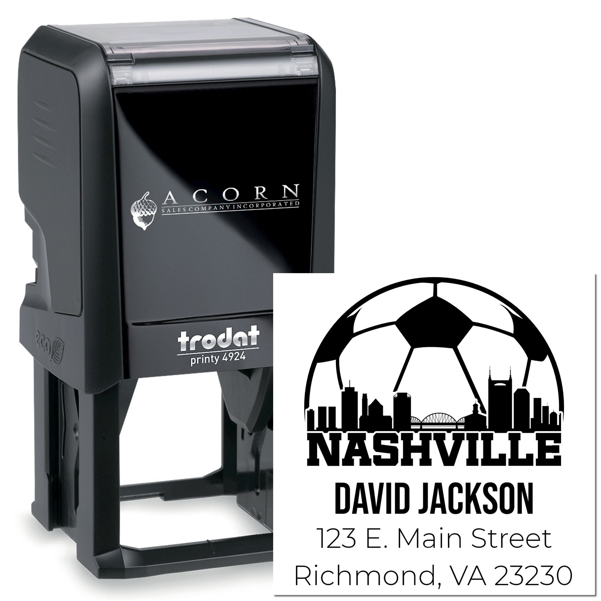 Custom Trodat self-inking rubber stamp for Nashville address labels, featuring a soccer ball skyline design for David Jackson.