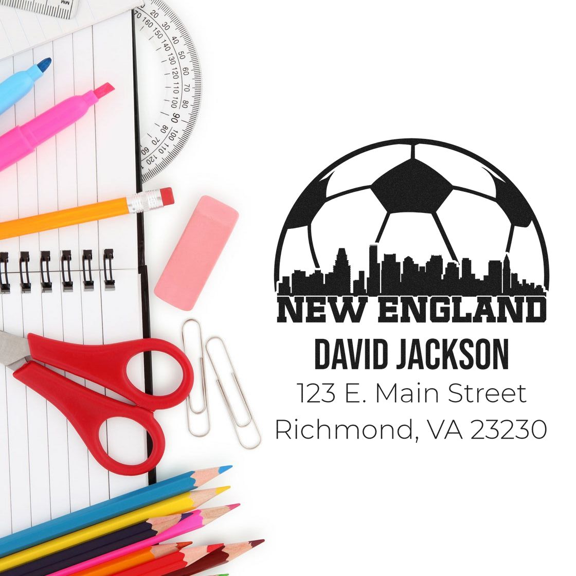 Custom address rubber stamp with New England soccer ball skyline, David Jackson name, and Richmond, VA return address.