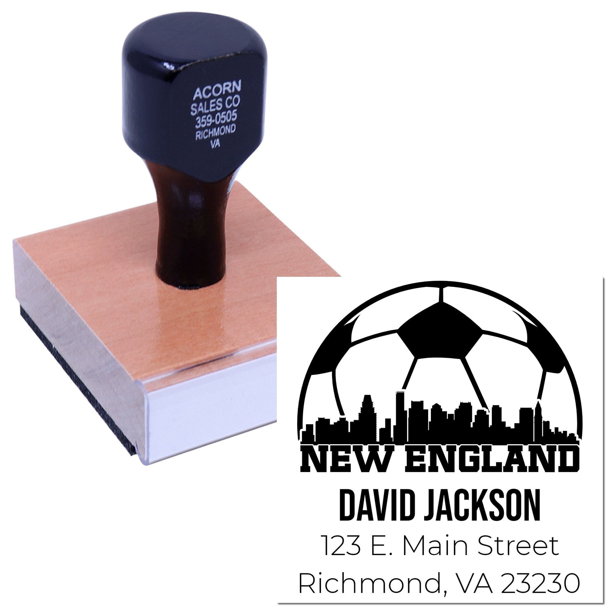 Personalized rubber address stamp featuring New England soccer logo and David Jackson return address