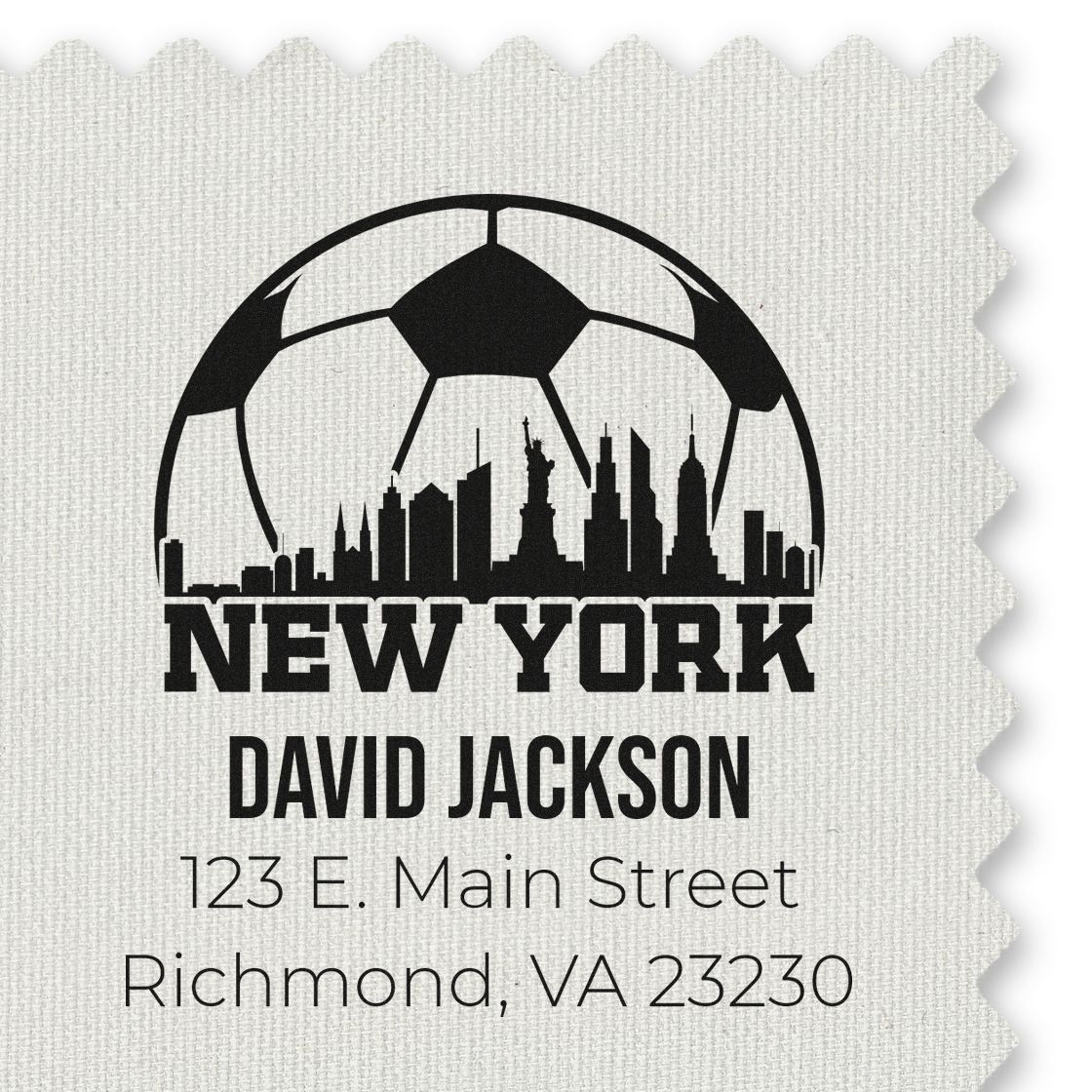 Custom New York soccer rubber stamp with skyline, personalized name, and address for return address or branding.