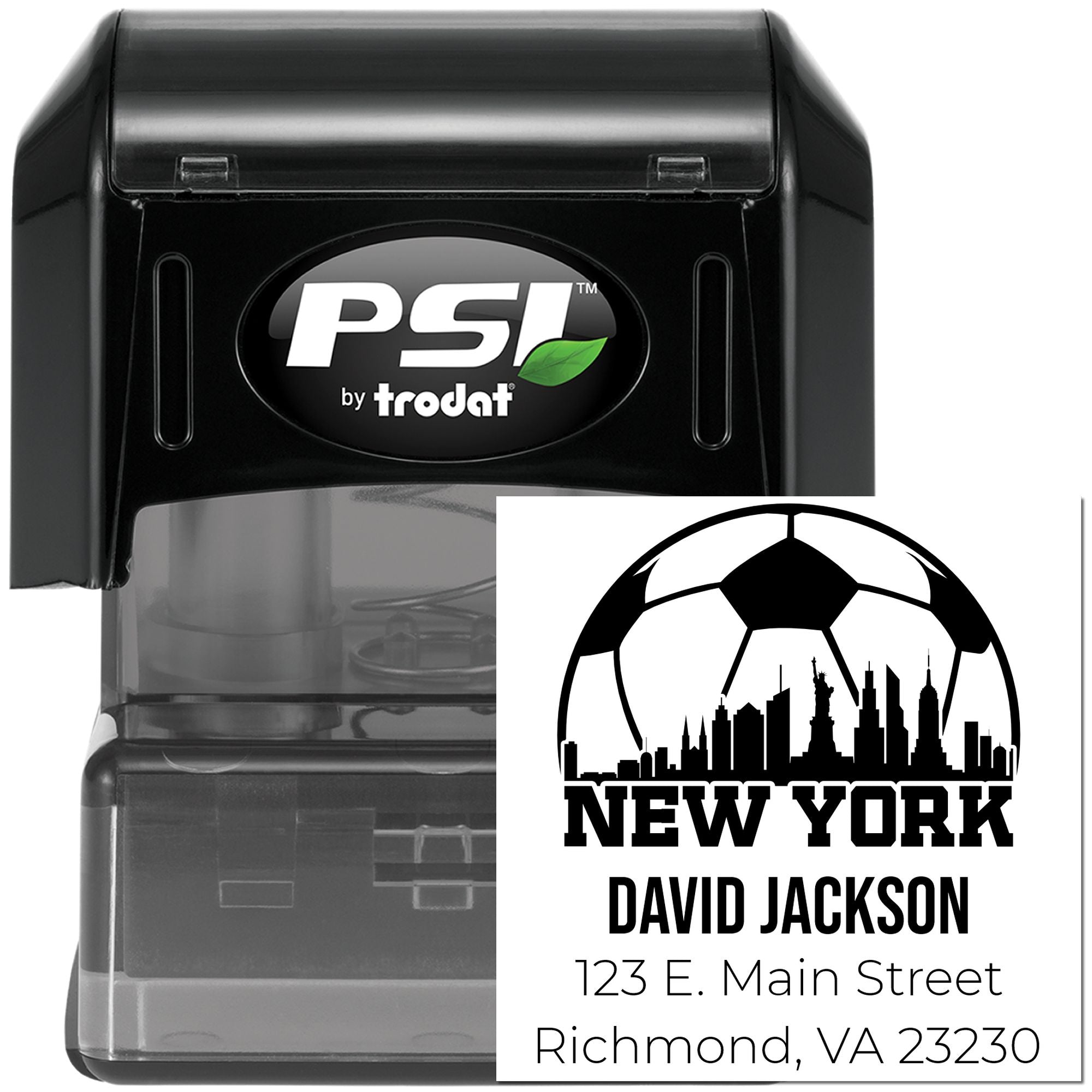 PSI by Trodat self-inking custom rubber stamp with New York skyline address design for personalized mailing and branding