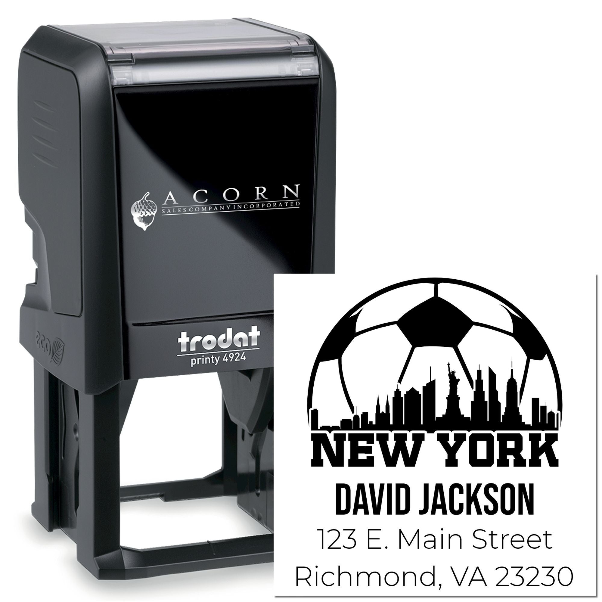 Custom self-inking rubber stamp with New York skyline design, personalized name and address, Trodat Printy 4924.