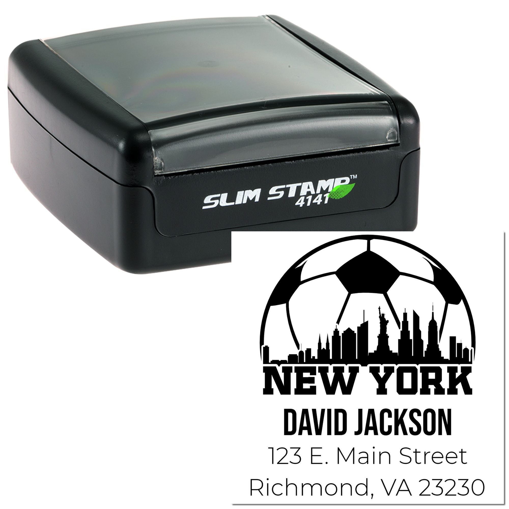 Custom self-inking slim rubber stamp with New York skyline logo, name, and address imprint for David Jackson.