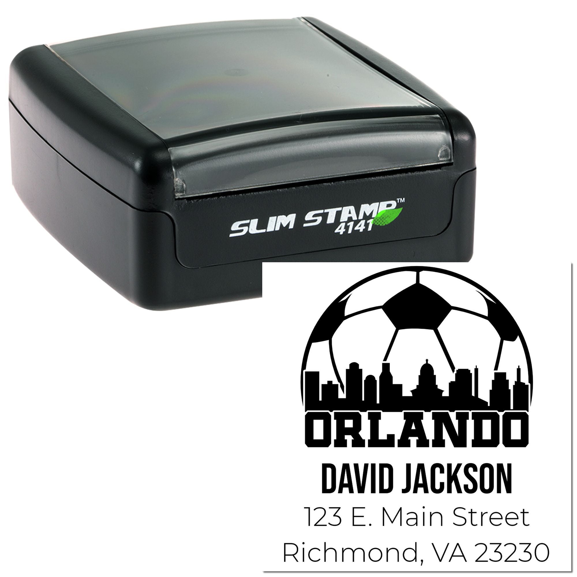 Custom self-inking rubber address stamp with Orlando skyline soccer design, David Jackson name, and mailing address.