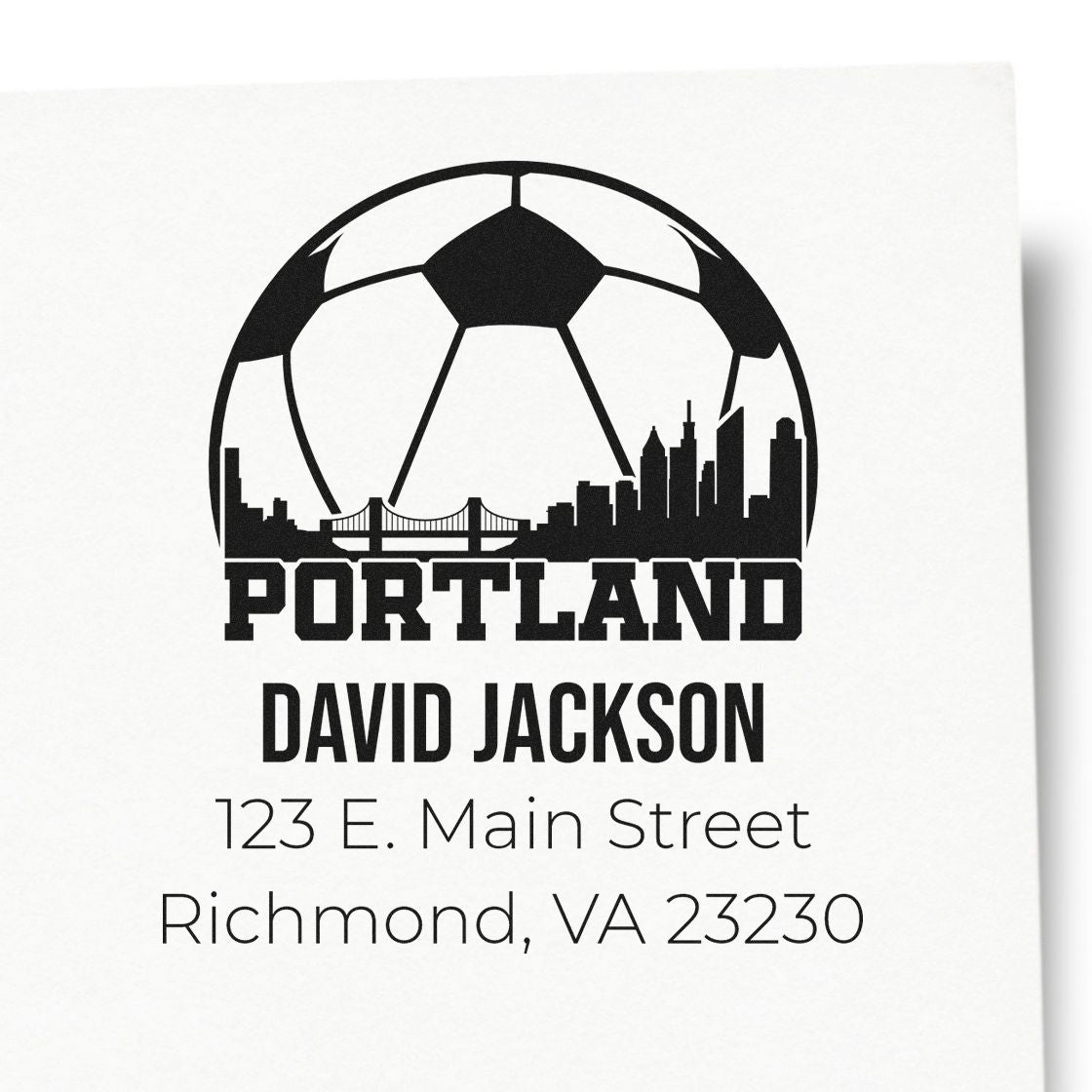 Custom Portland soccer logo return address rubber stamp for David Jackson, 123 E. Main Street, Richmond, VA 23230.