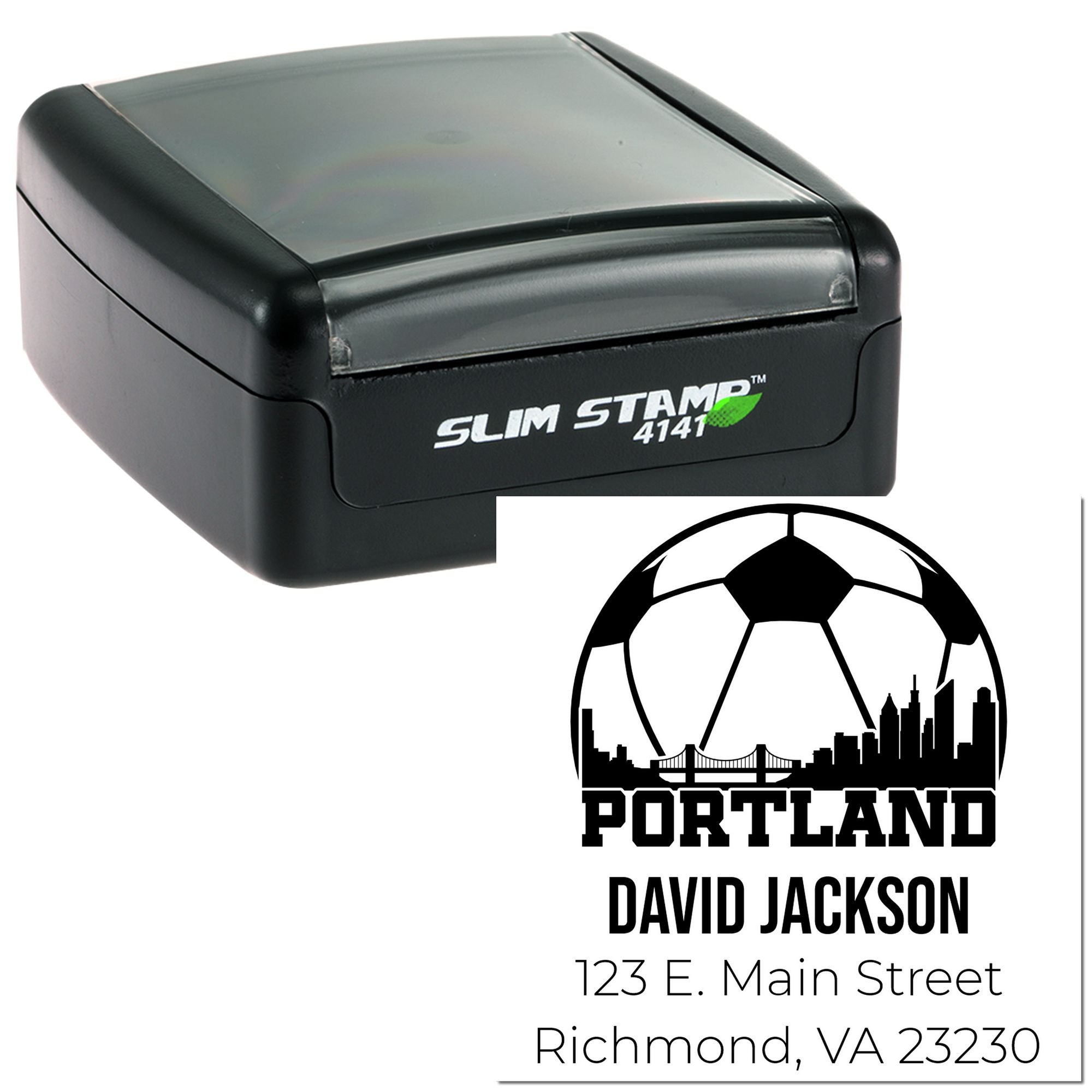 Custom self-inking rubber stamp with Portland soccer skyline return address for David Jackson, Richmond, VA.