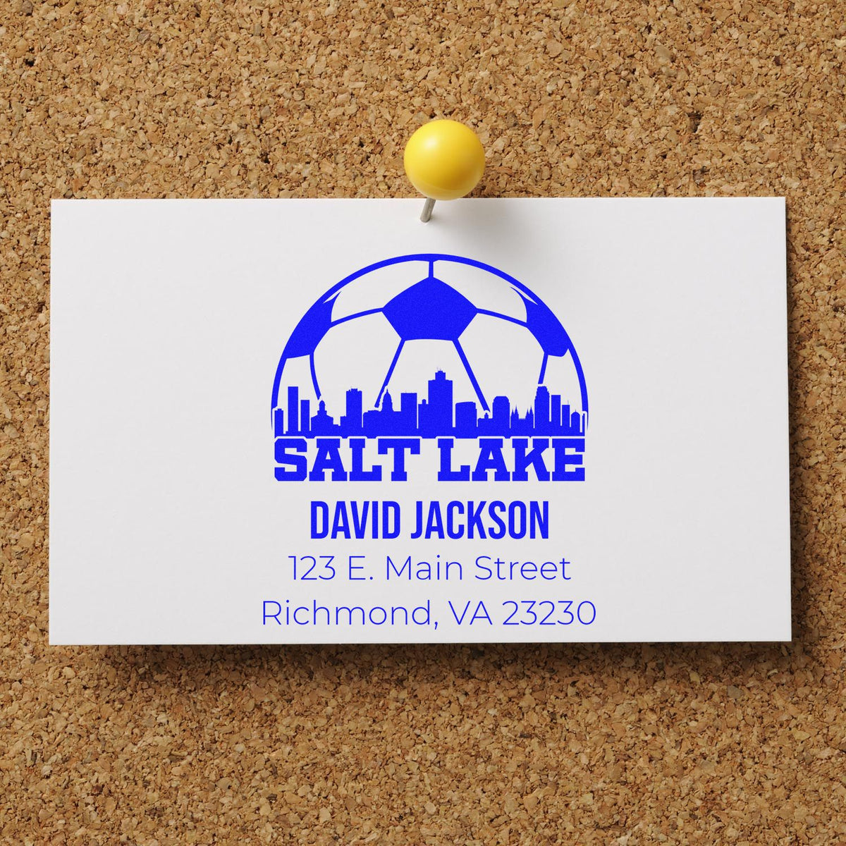 Custom Salt Lake return address rubber stamp with skyline soccer logo, David Jackson, and Richmond, VA address.