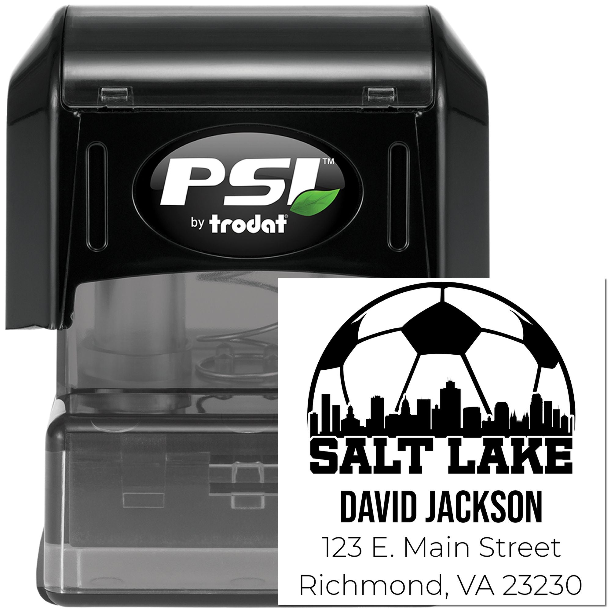 Custom self-inking address rubber stamp by PSI Trodat with Salt Lake return address design for mailing and business use