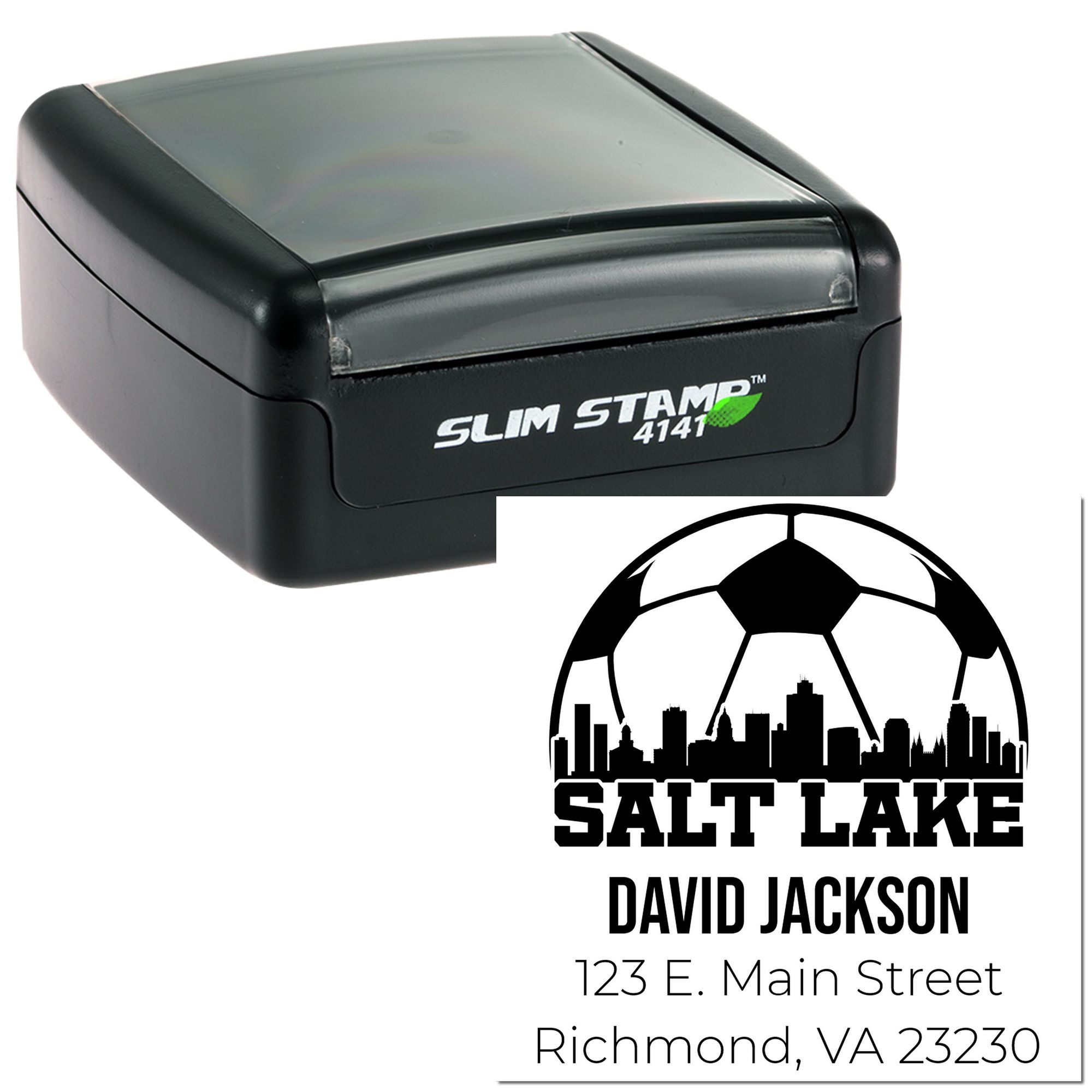 Custom self-inking rubber address stamp with soccer design for David Jackson, Salt Lake, Richmond, VA 23230