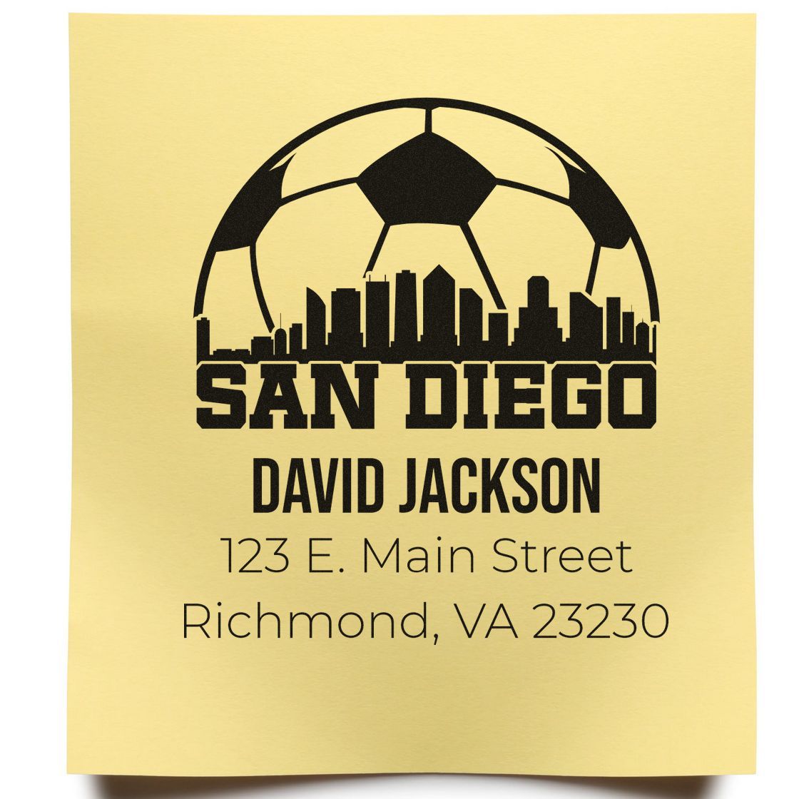 Custom return address rubber stamp with San Diego soccer skyline, David Jackson, and Richmond, VA address.