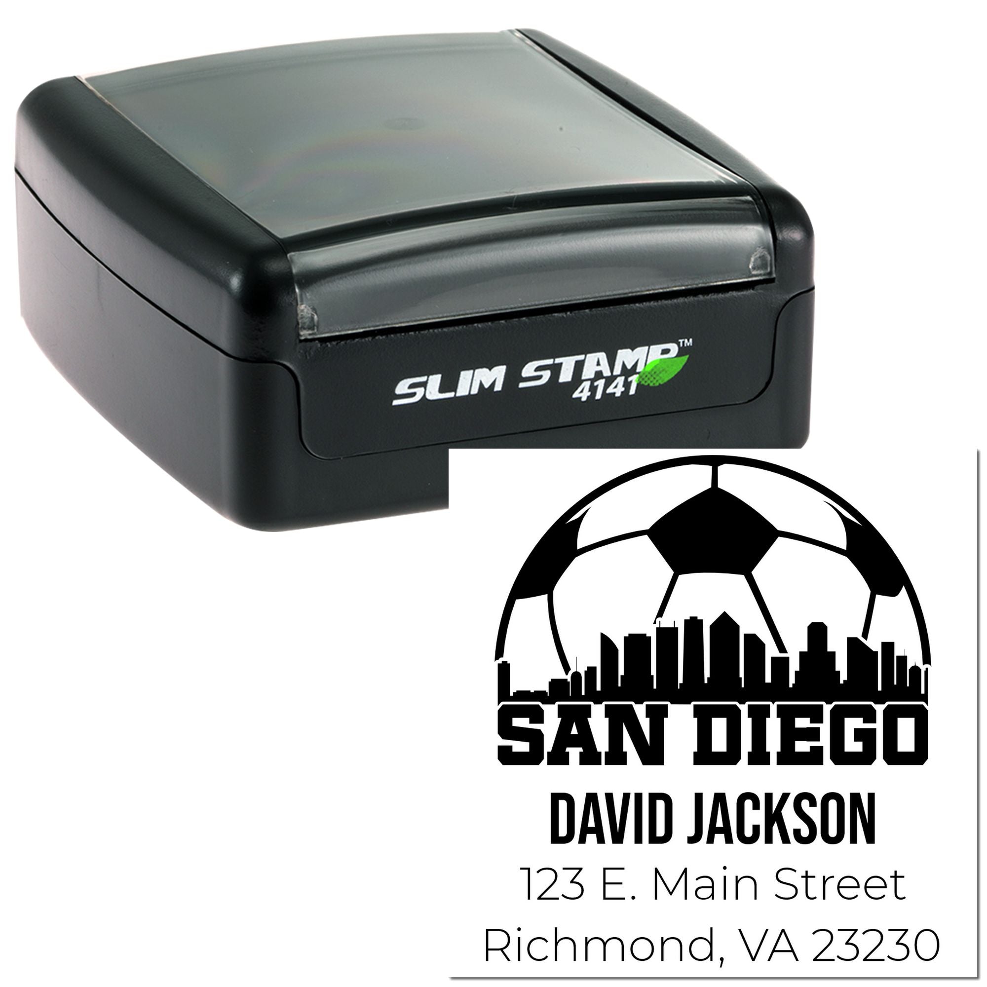 Custom Slim Stamp rubber stamp with San Diego soccer design, personalized name, and address imprint for custom mailing use.