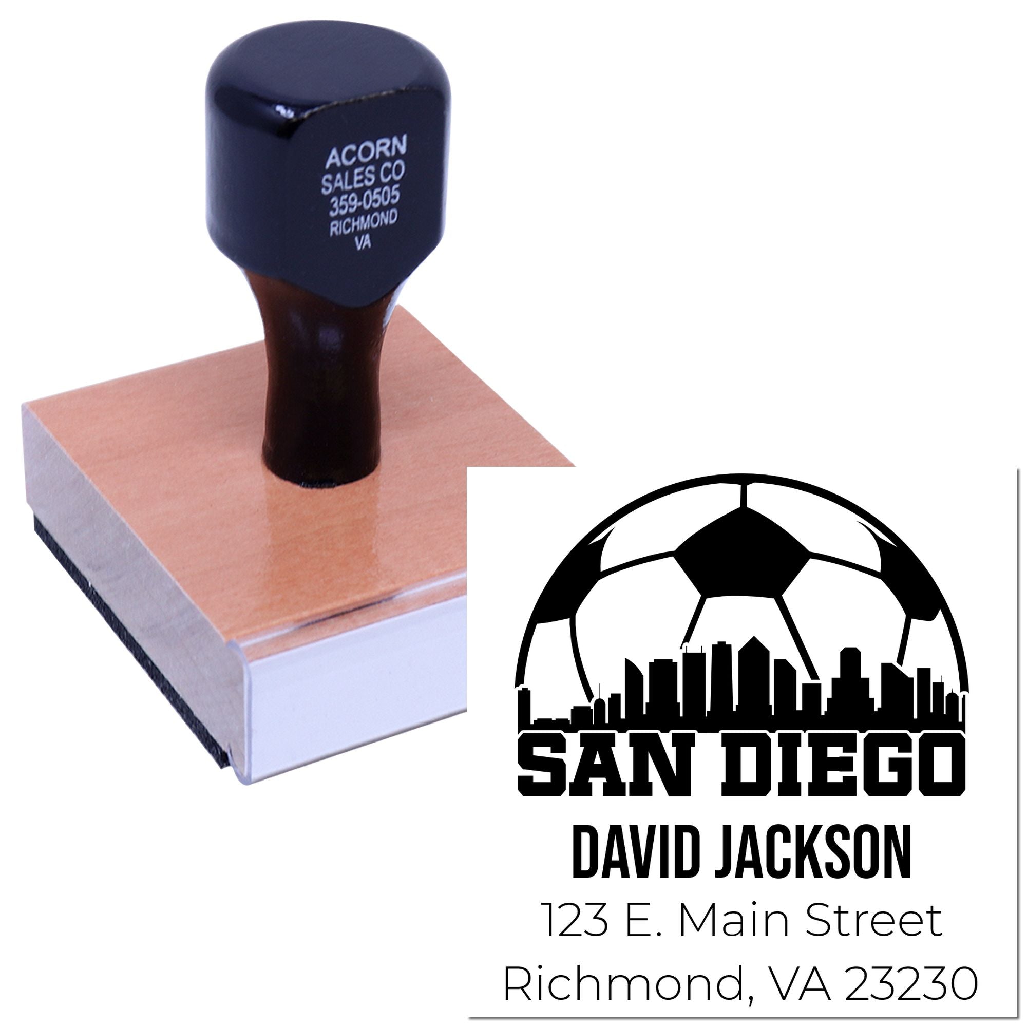 Custom return address rubber stamp with San Diego soccer logo and David Jackson name for personalized mailings.